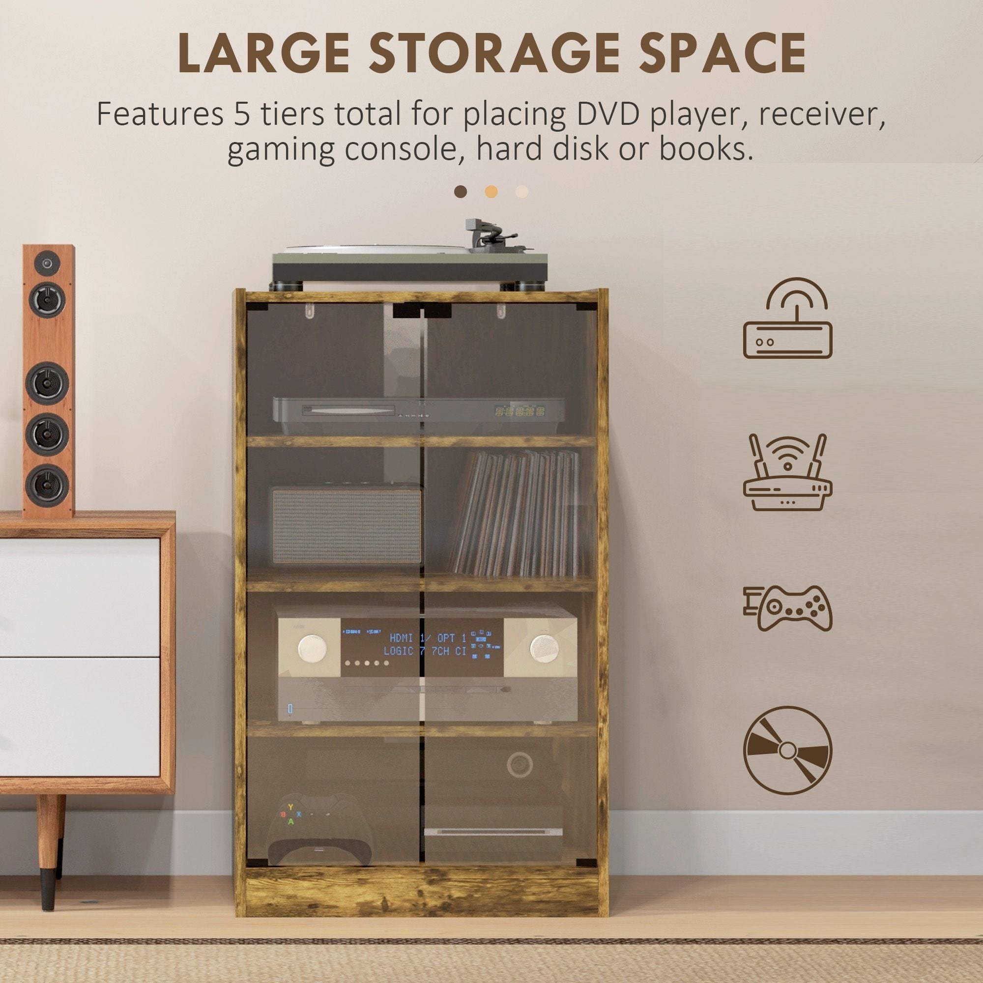 HOMCOM 5-Tier Media Cabinet with Glass Doors, Rustic Brown