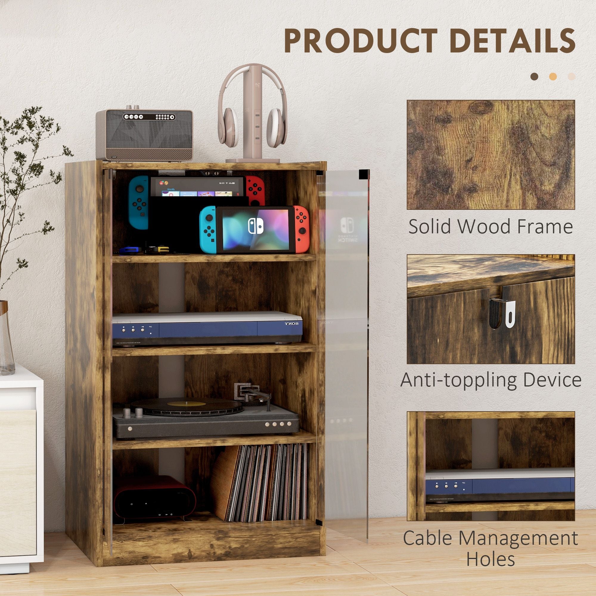 HOMCOM 5-Tier Media Cabinet with Glass Doors, Rustic Brown