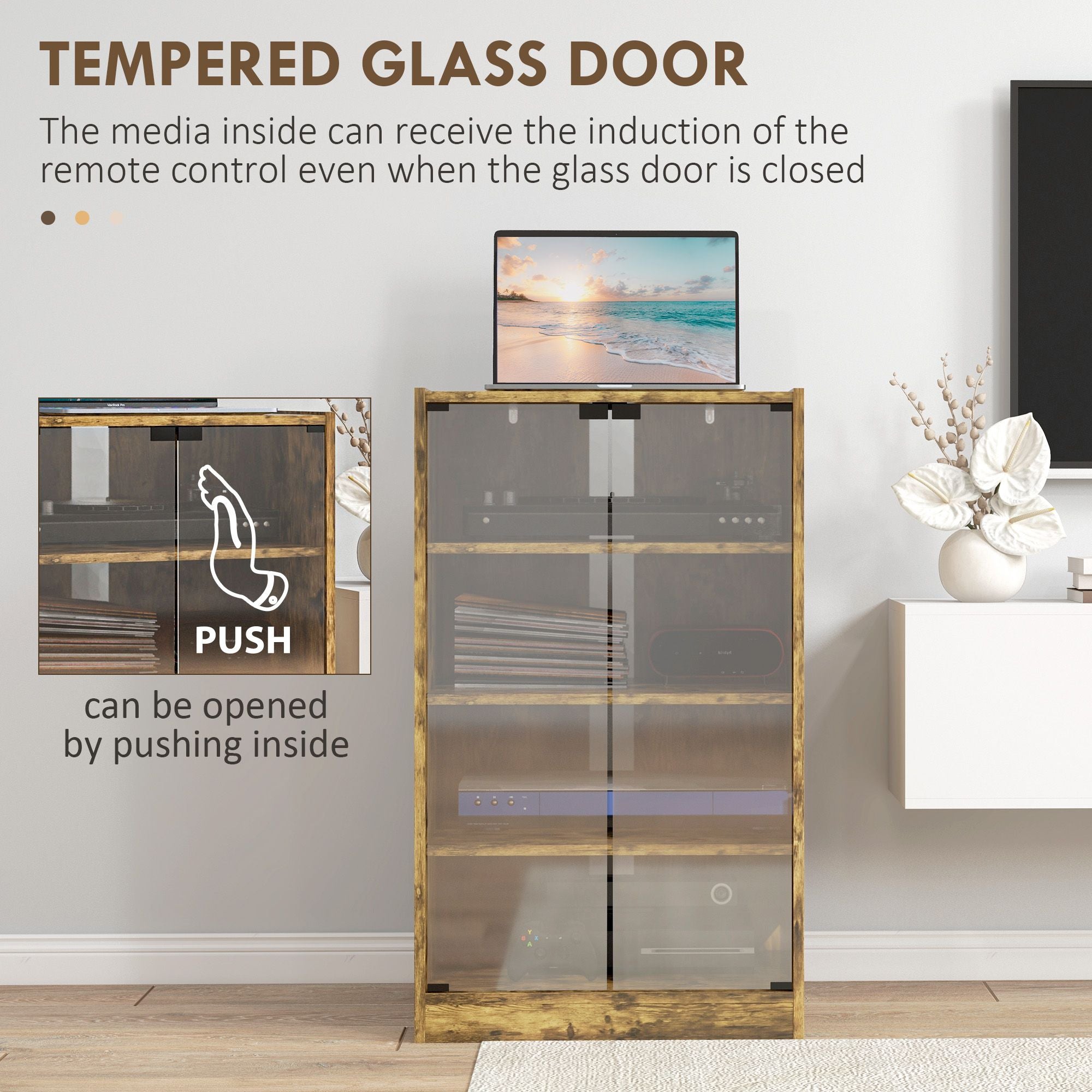 HOMCOM 5-Tier Media Cabinet with Glass Doors, Rustic Brown