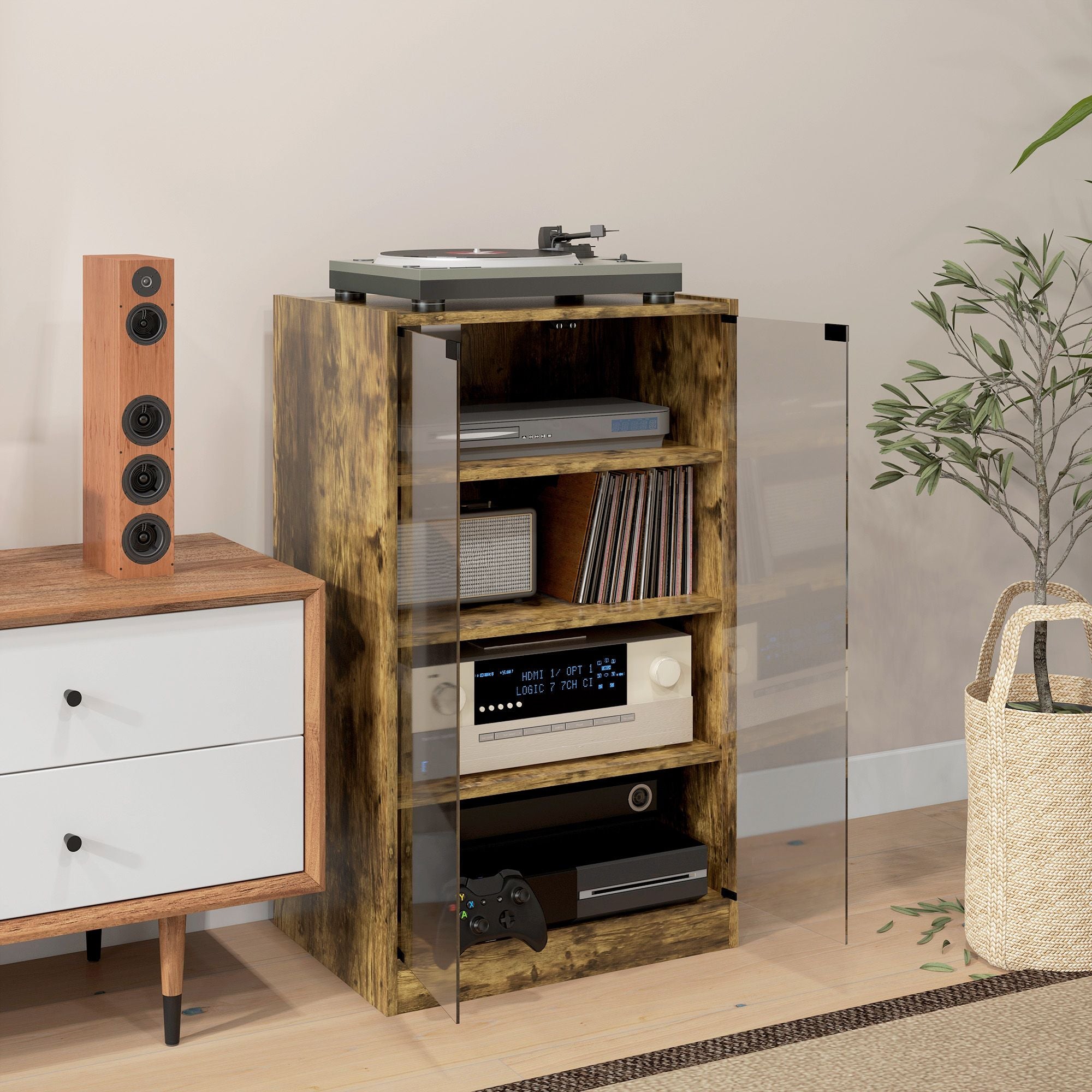 HOMCOM 5-Tier Media Cabinet with Glass Doors, Rustic Brown