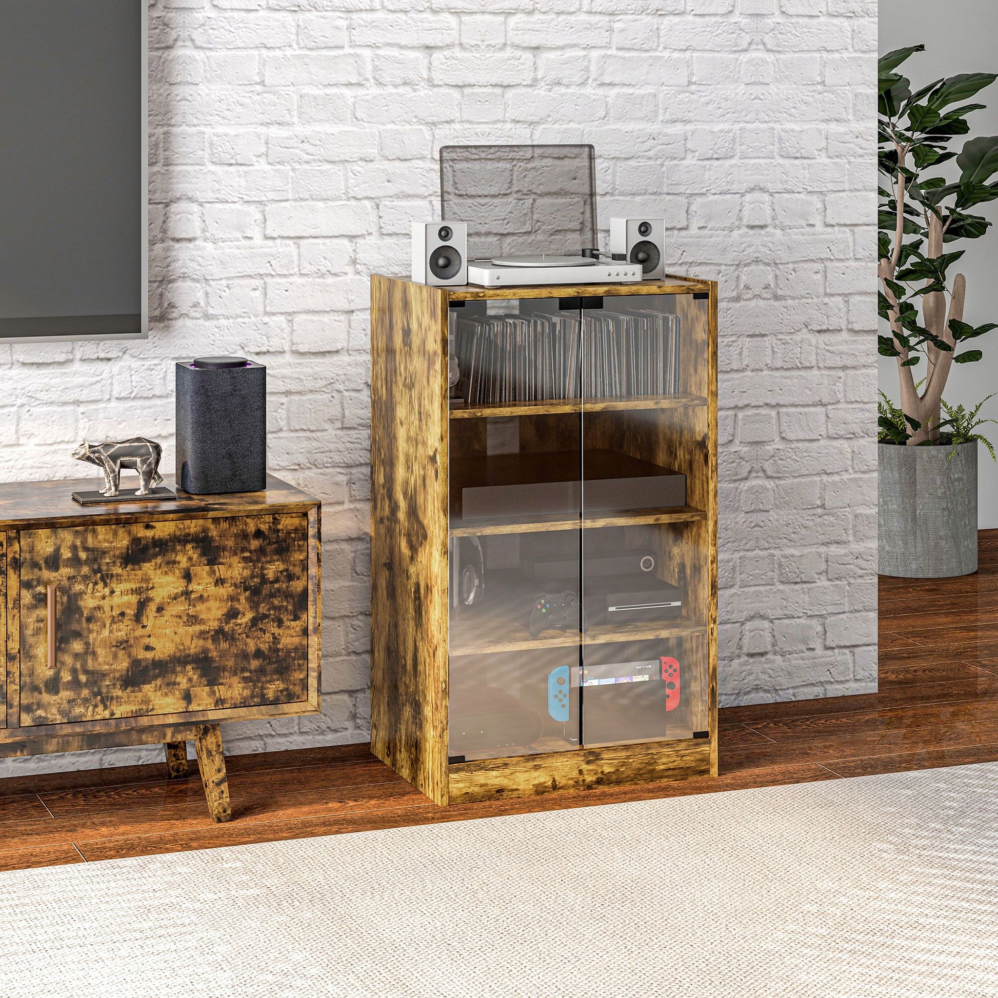 HOMCOM 5-Tier Media Cabinet with Glass Doors, Rustic Brown