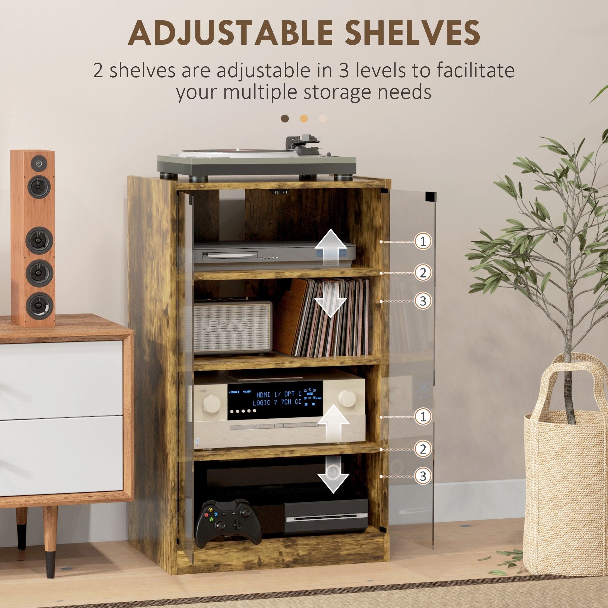 HOMCOM 5-Tier Media Cabinet with Glass Doors, Rustic Brown