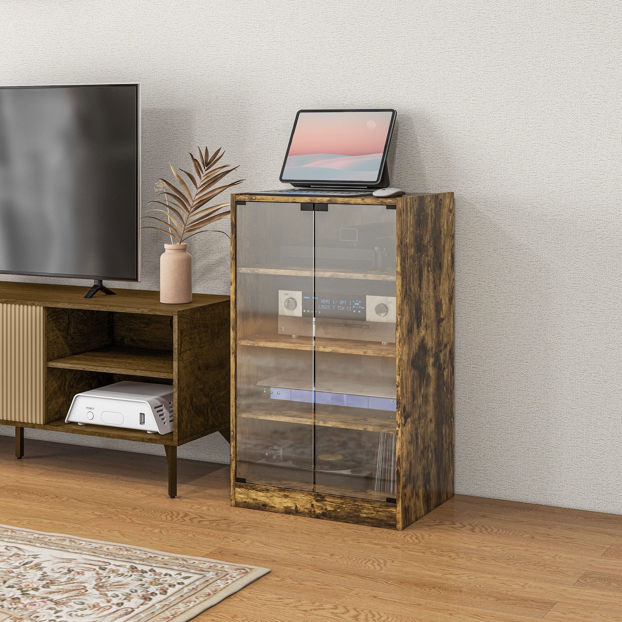 HOMCOM 5-Tier Media Cabinet with Glass Doors, Rustic Brown