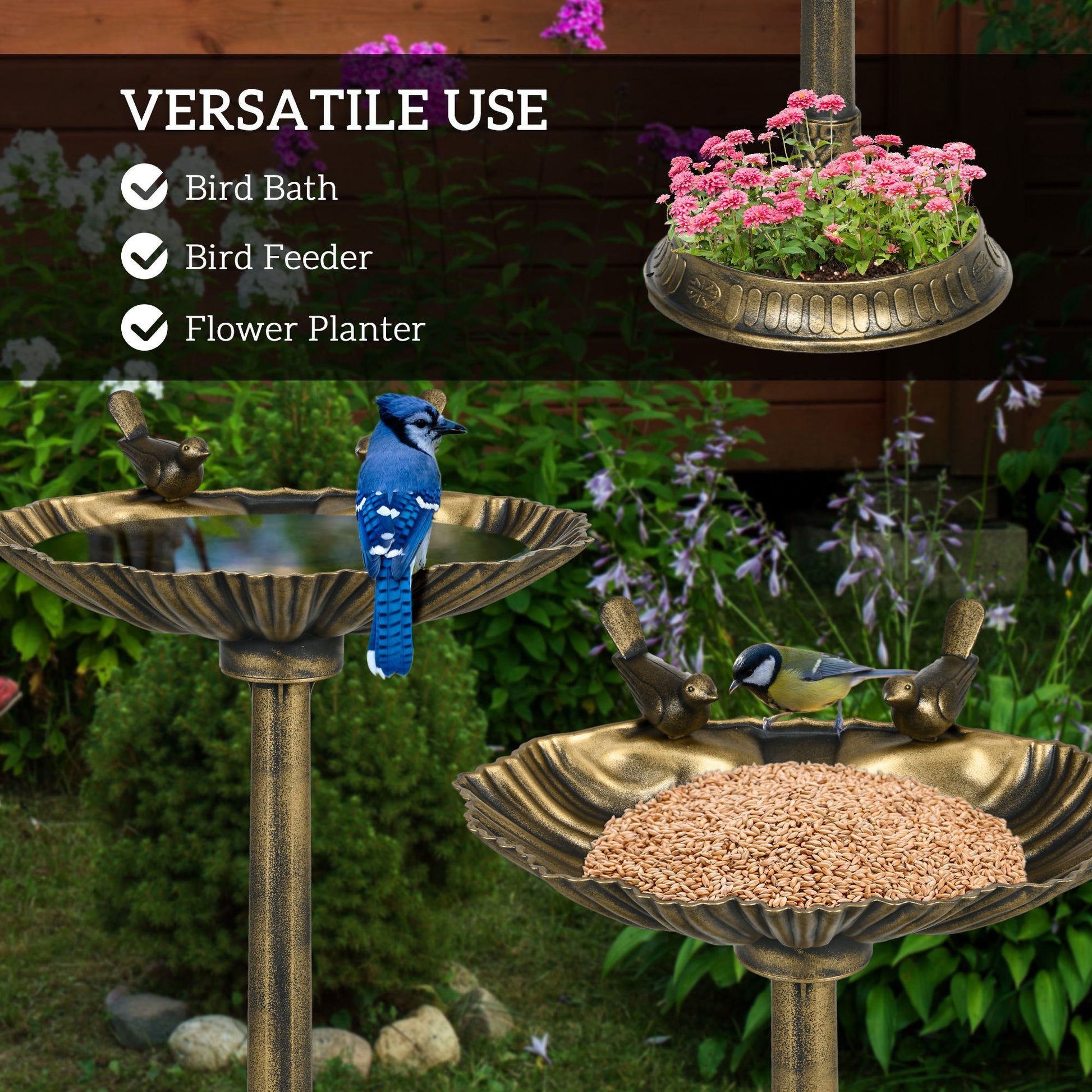 Outsunny 32 in Antique Bird Bath with Planter Pedestal, Bronze