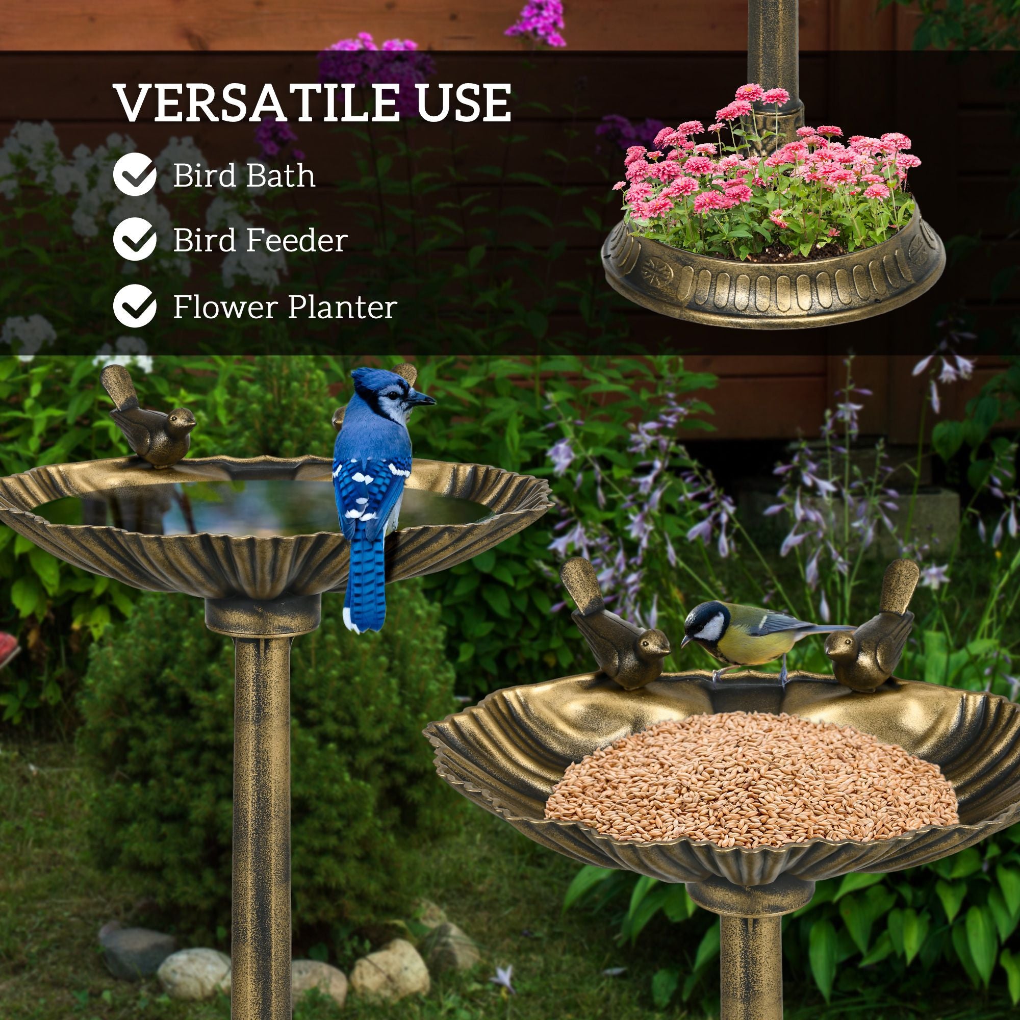 Outsunny 32 in Antique Bird Bath with Planter Pedestal, Bronze