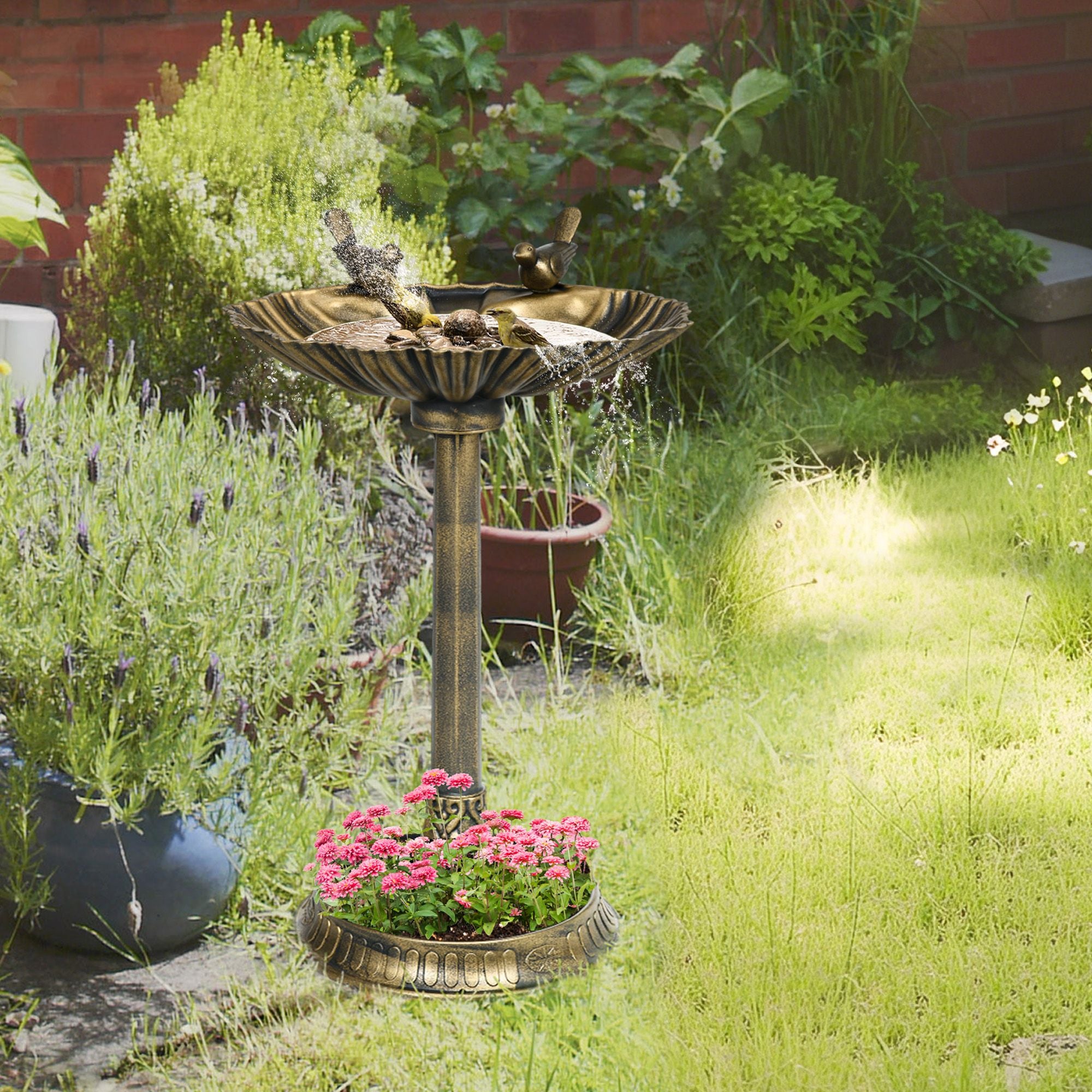 Outsunny 32 in Antique Bird Bath with Planter Pedestal, Bronze