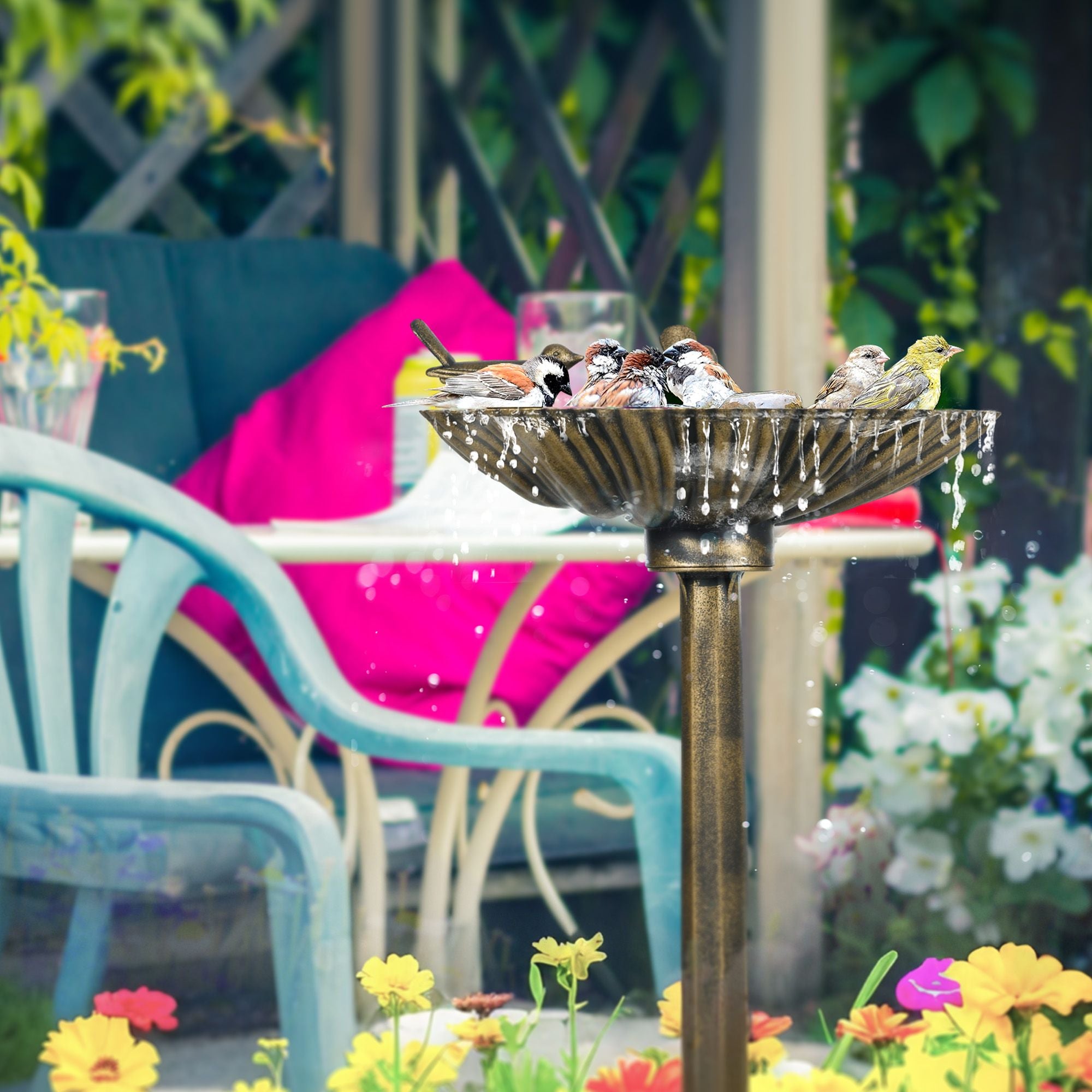 Outsunny 32 in Antique Bird Bath with Planter Pedestal, Bronze