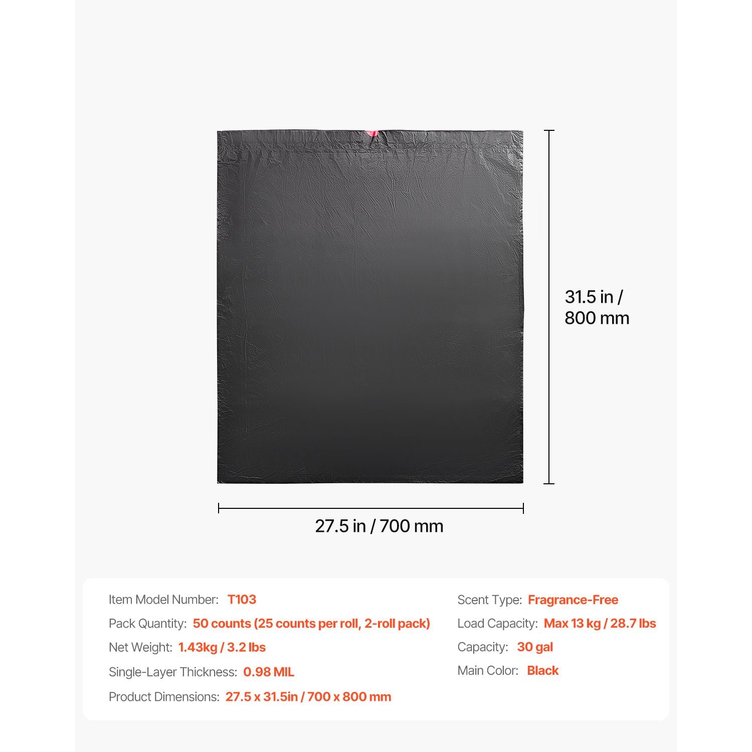 VEVOR 30-Gallon Drawstring Trash Bags, 50 Count, Black