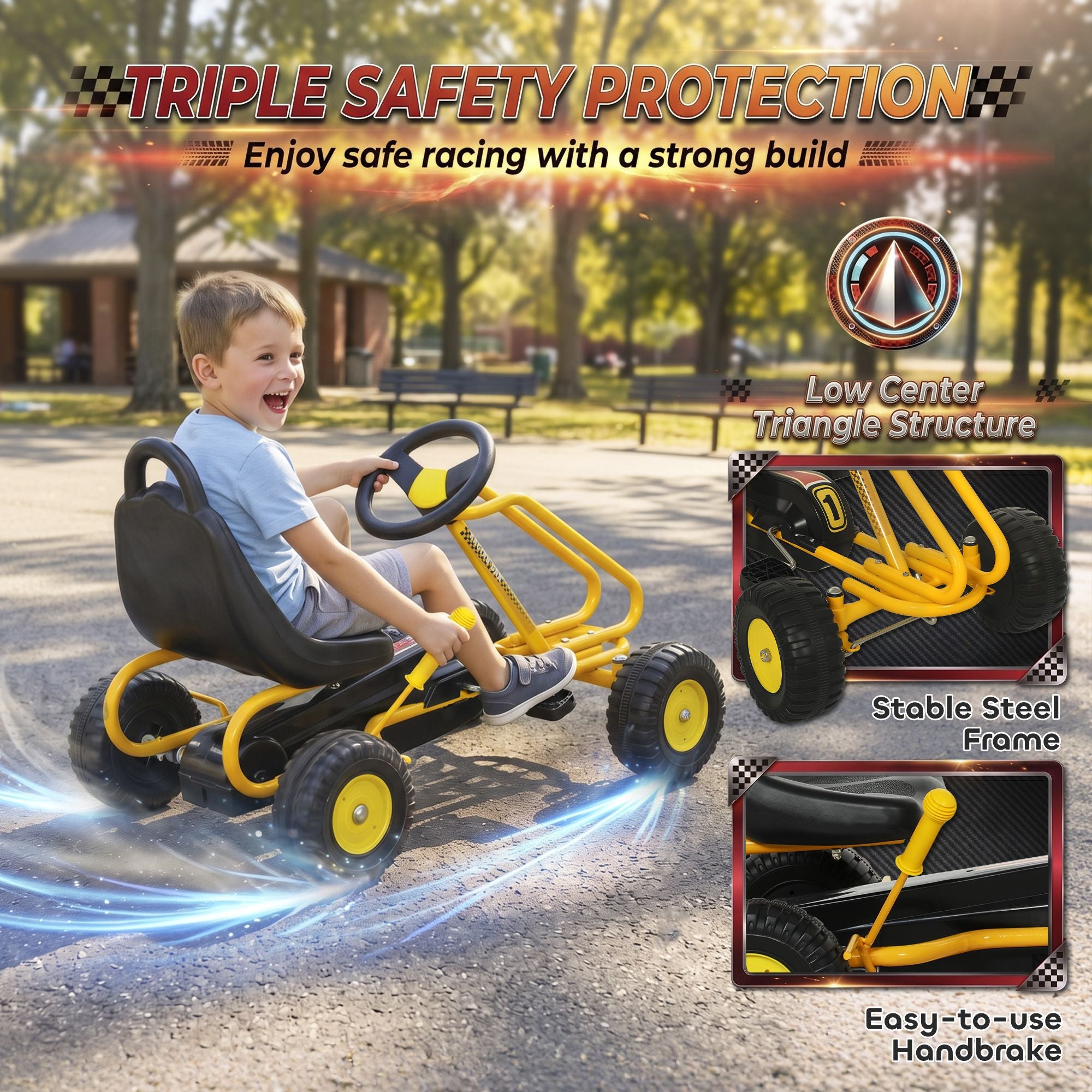 Qaba Kids Pedal Go Kart with Adjustable Seat and Hand Brake, Yellow