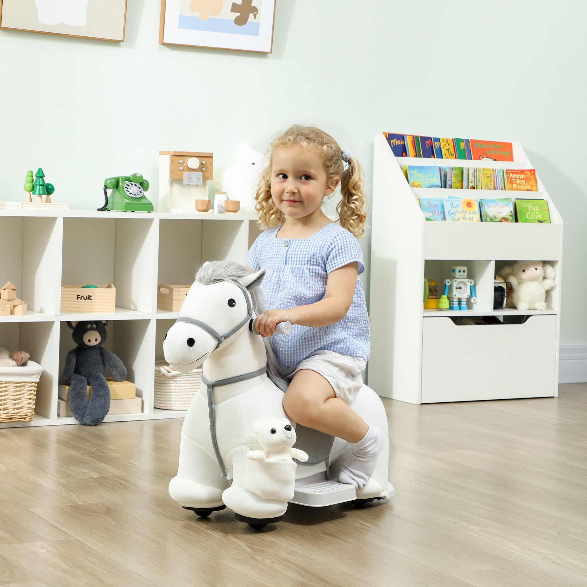 Qaba 6V Electric Ride-On Horse with Music and Plush Bear, White - product view 2