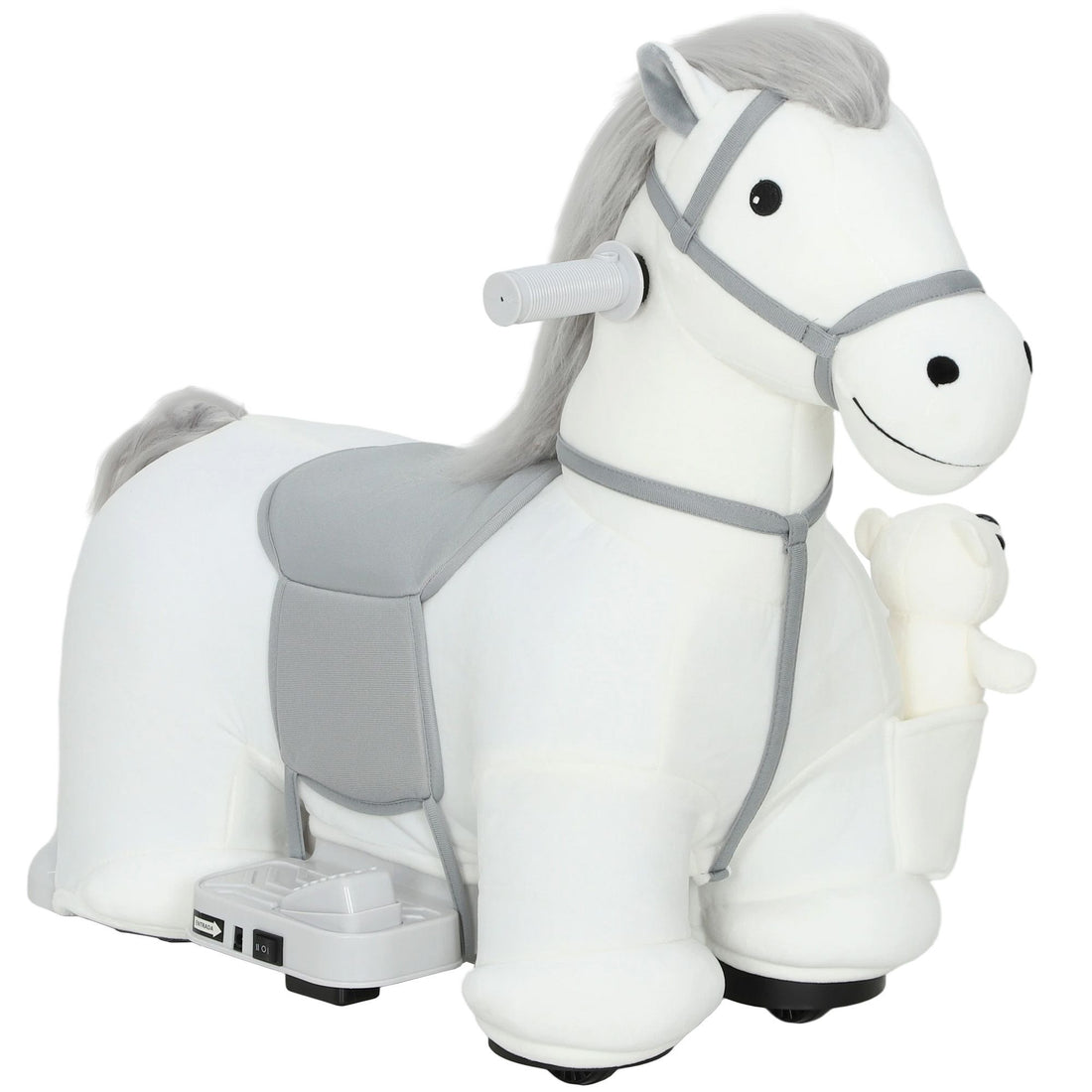 Qaba 6V Electric Ride-On Horse with Music and Plush Bear, White