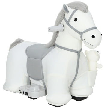 Qaba 6V Electric Ride-On Horse with Music and Plush Bear, White
