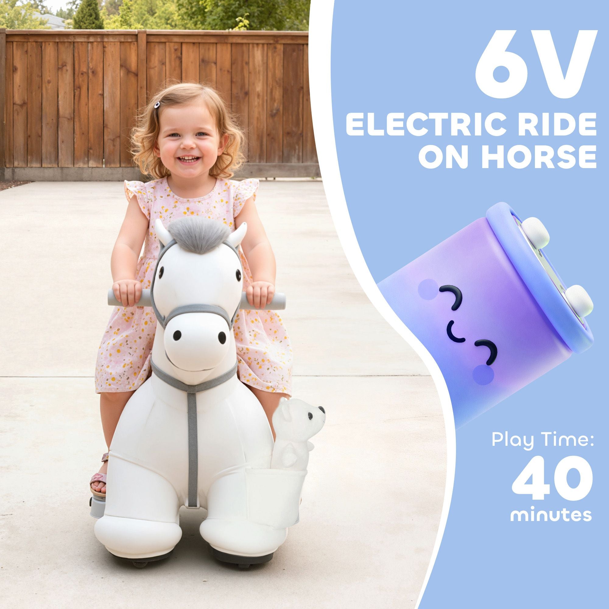 Qaba 6V Electric Ride-On Horse with Music and Plush Bear, White - product view 4