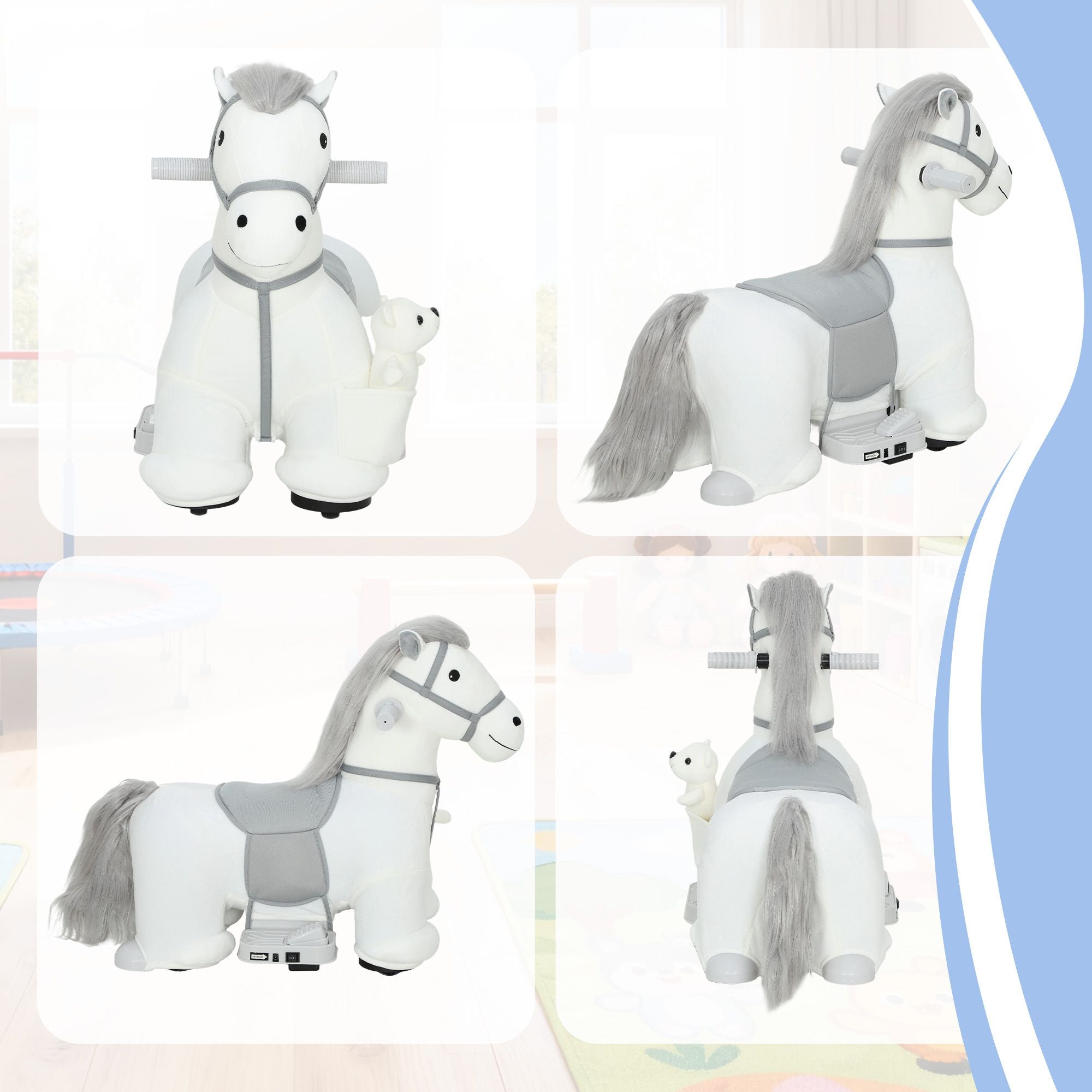 Qaba 6V Electric Ride-On Horse with Music and Plush Bear, White - product view 8