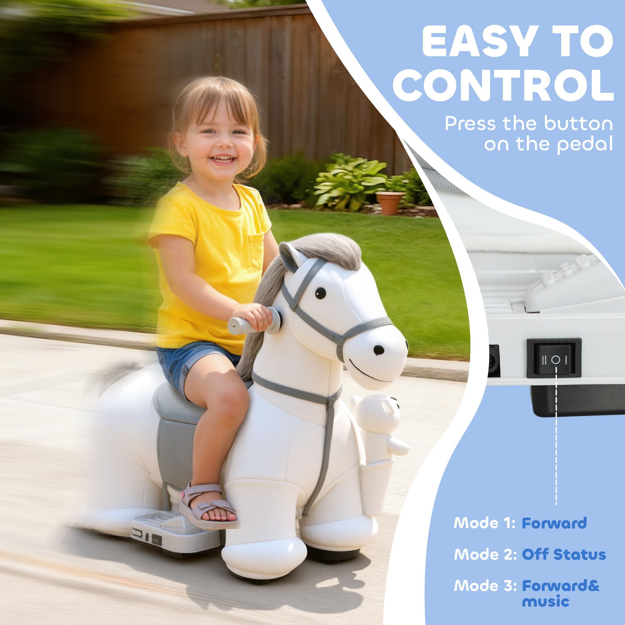 Qaba 6V Electric Ride-On Horse with Music and Plush Bear, White - product view 5