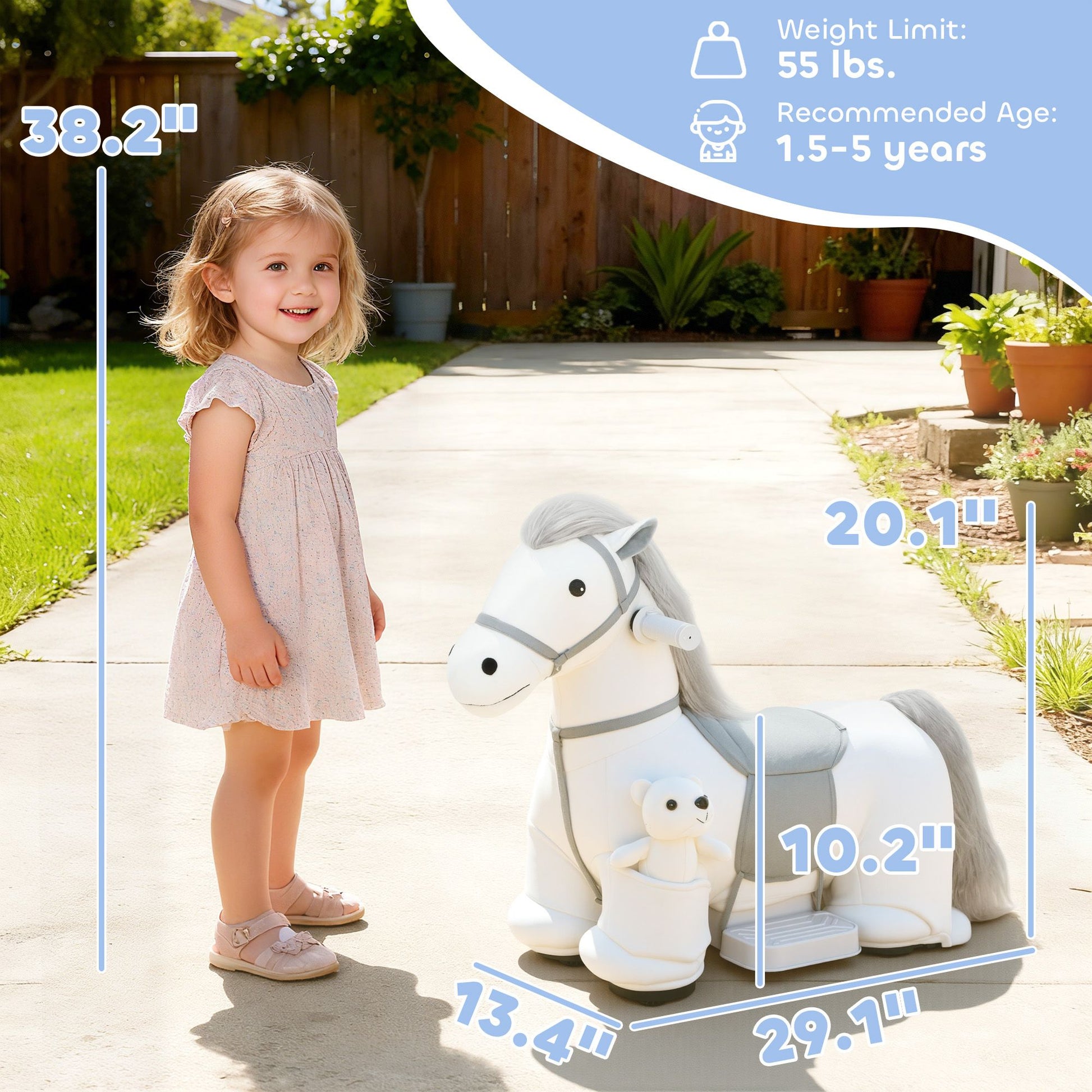 Qaba 6V Electric Ride-On Horse with Music and Plush Bear, White - product view 3