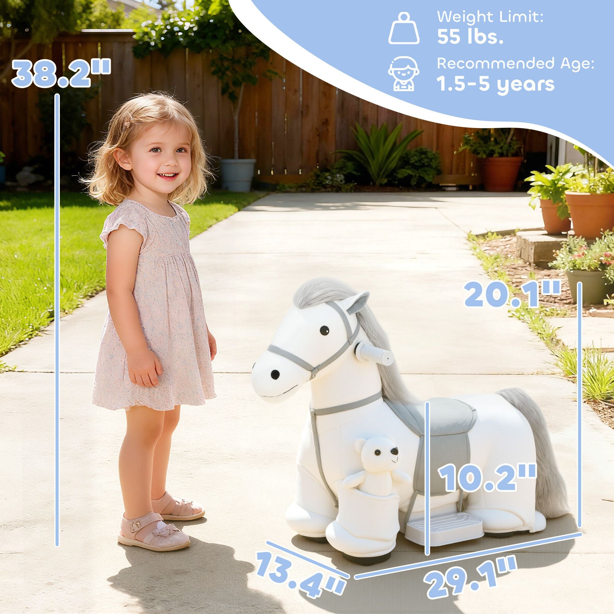 Qaba 6V Electric Ride-On Horse with Music and Plush Bear, White - product view 3