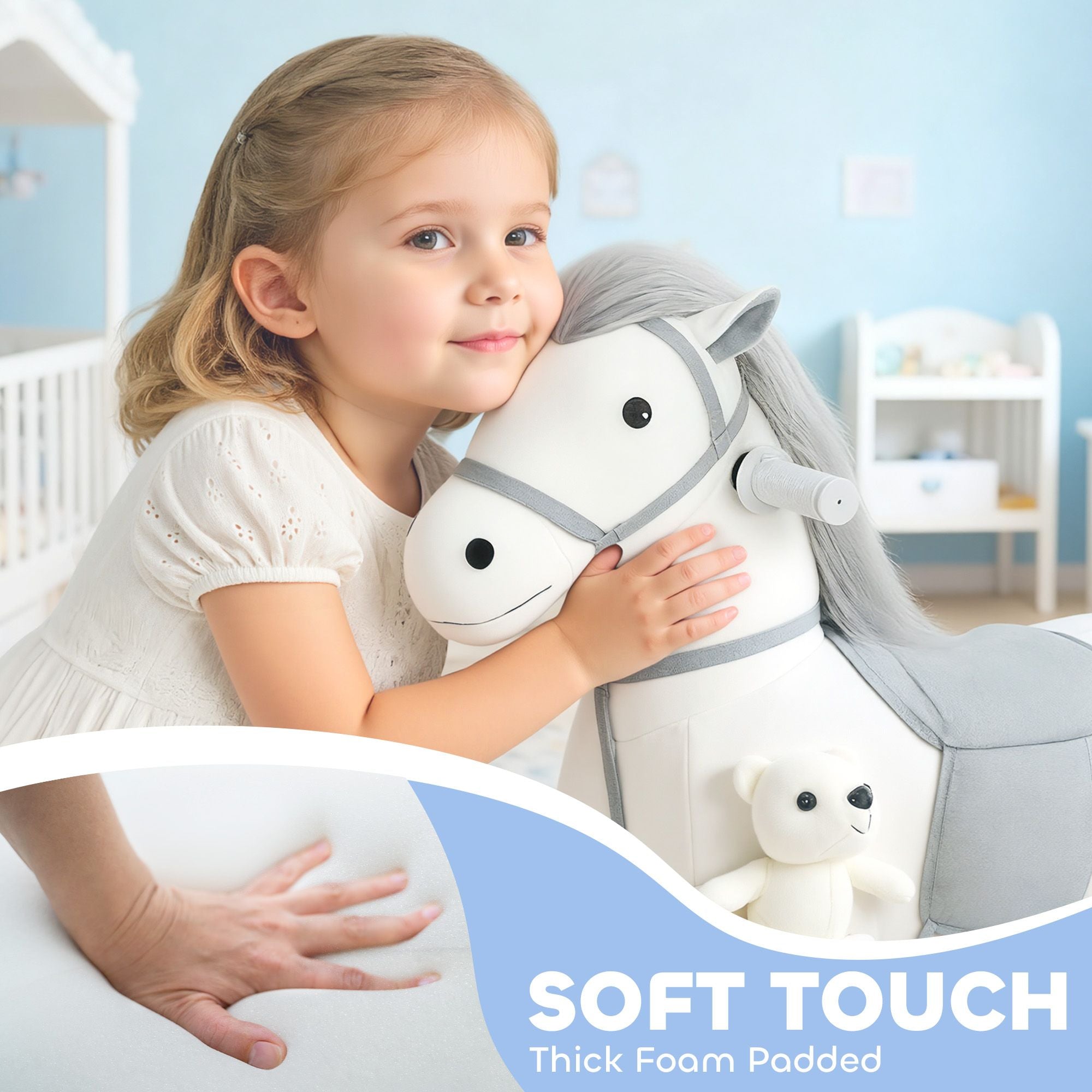 Qaba 6V Electric Ride-On Horse with Music and Plush Bear, White - product view 7
