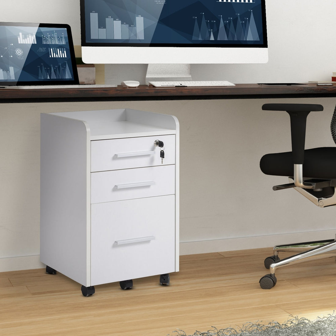 HOMCOM 3-Drawer Lockable Mobile Filing Cabinet, White