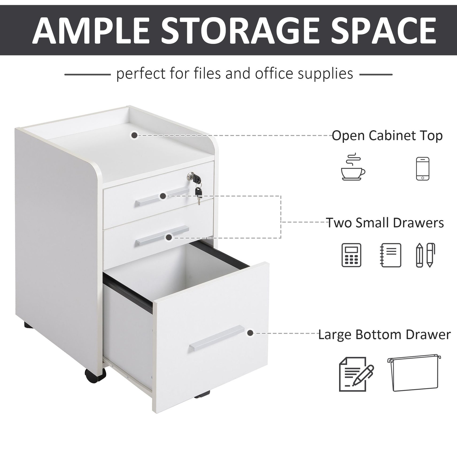 HOMCOM 3-Drawer Lockable Mobile Filing Cabinet, White