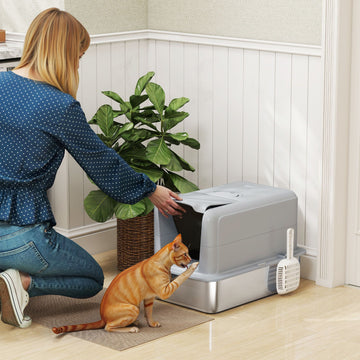 PawHut 2-in-1 Stainless Steel Cat Litter Box with Lid and Scoop, Gray - product view 2