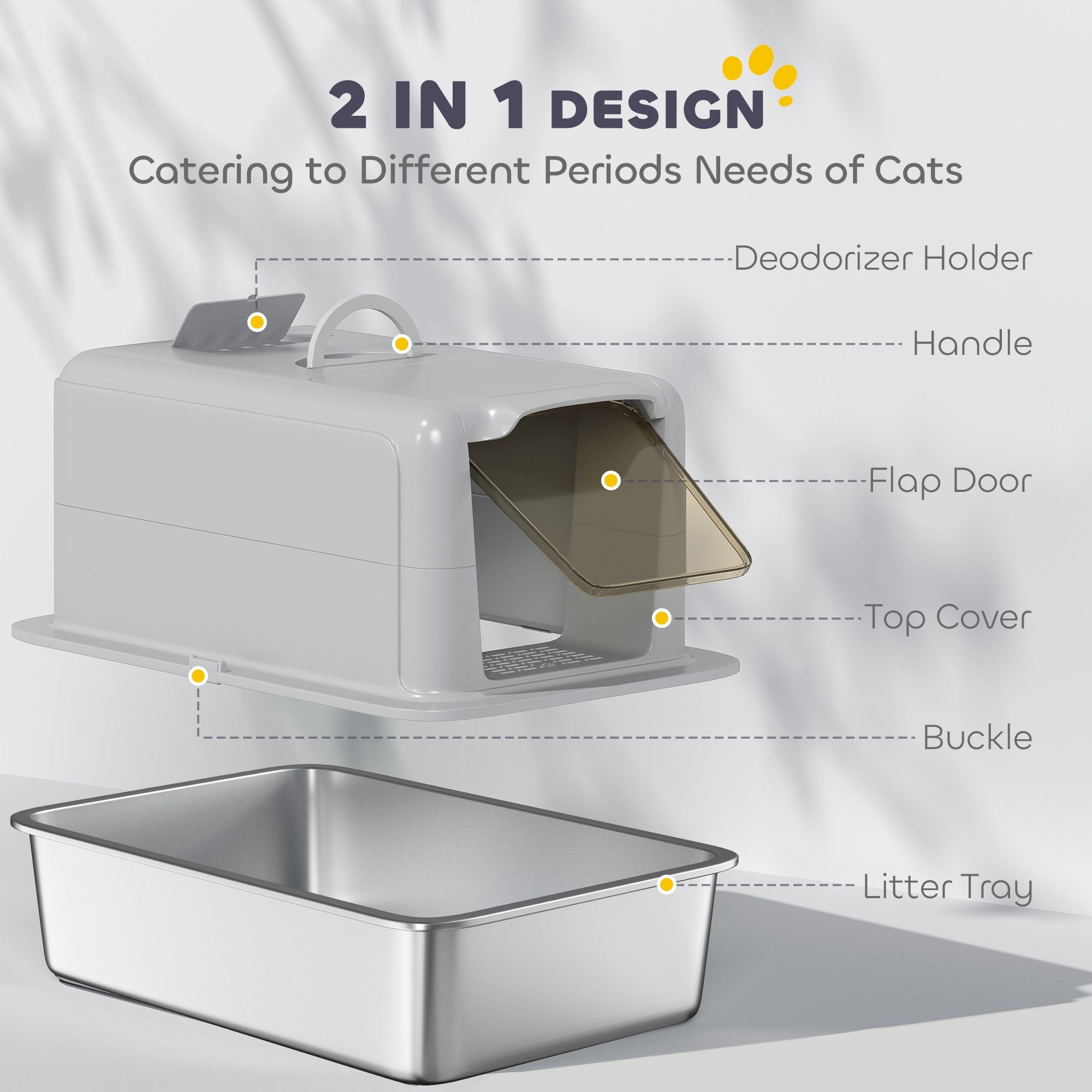 PawHut 2-in-1 Stainless Steel Cat Litter Box with Lid and Scoop, Gray - product view 6