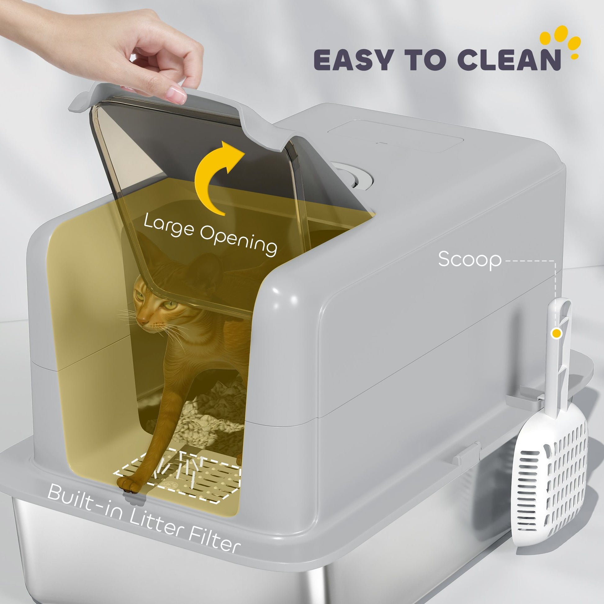 PawHut 2-in-1 Stainless Steel Cat Litter Box with Lid and Scoop, Gray - product view 5