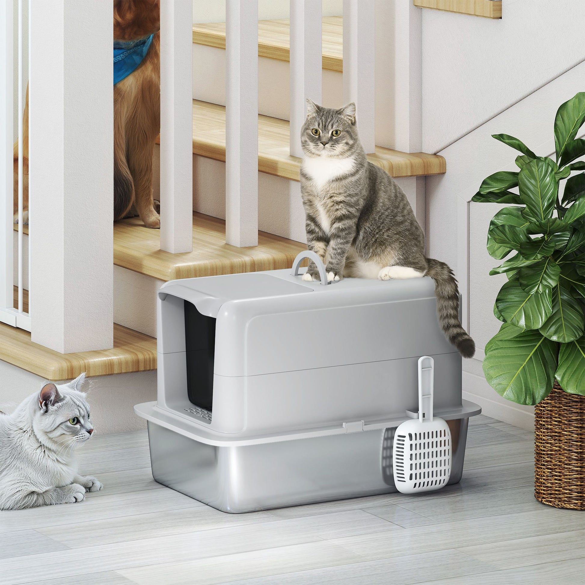 PawHut 2-in-1 Stainless Steel Cat Litter Box with Lid and Scoop, Gray - product view 8