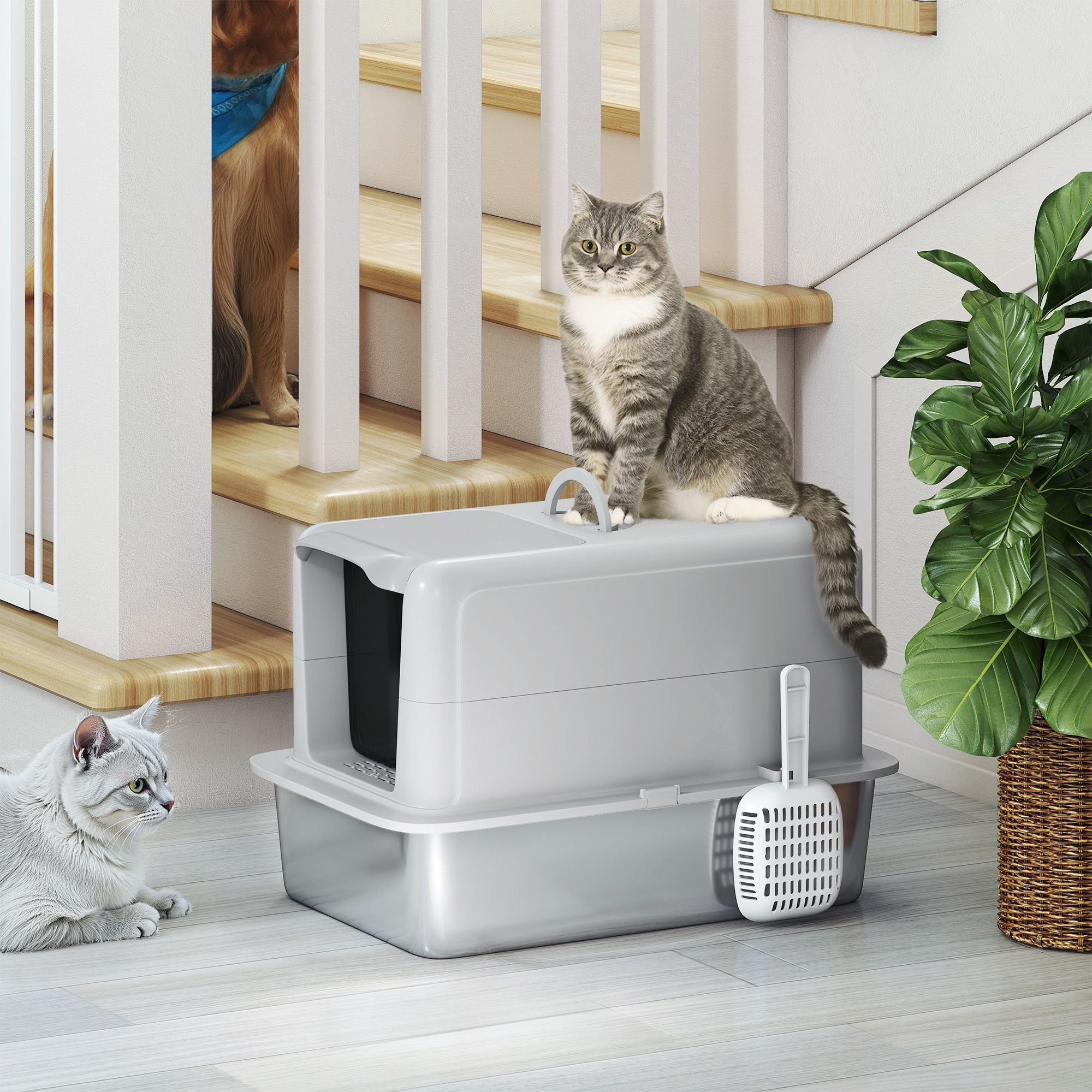 PawHut 2-in-1 Stainless Steel Cat Litter Box with Lid and Scoop, Gray - product view 8