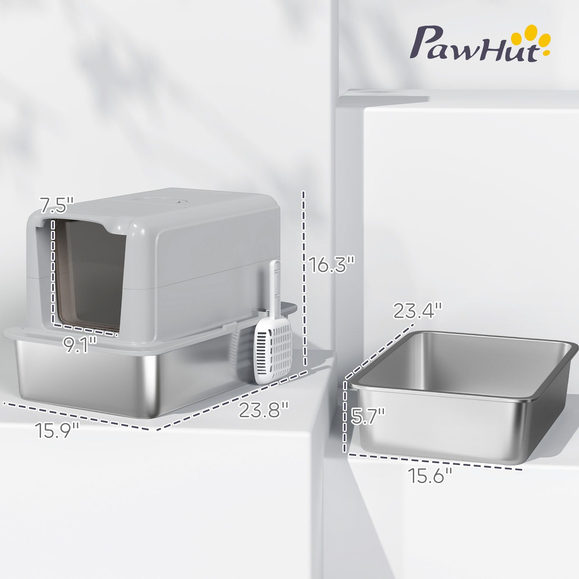 PawHut 2-in-1 Stainless Steel Cat Litter Box with Lid and Scoop, Gray - product view 3