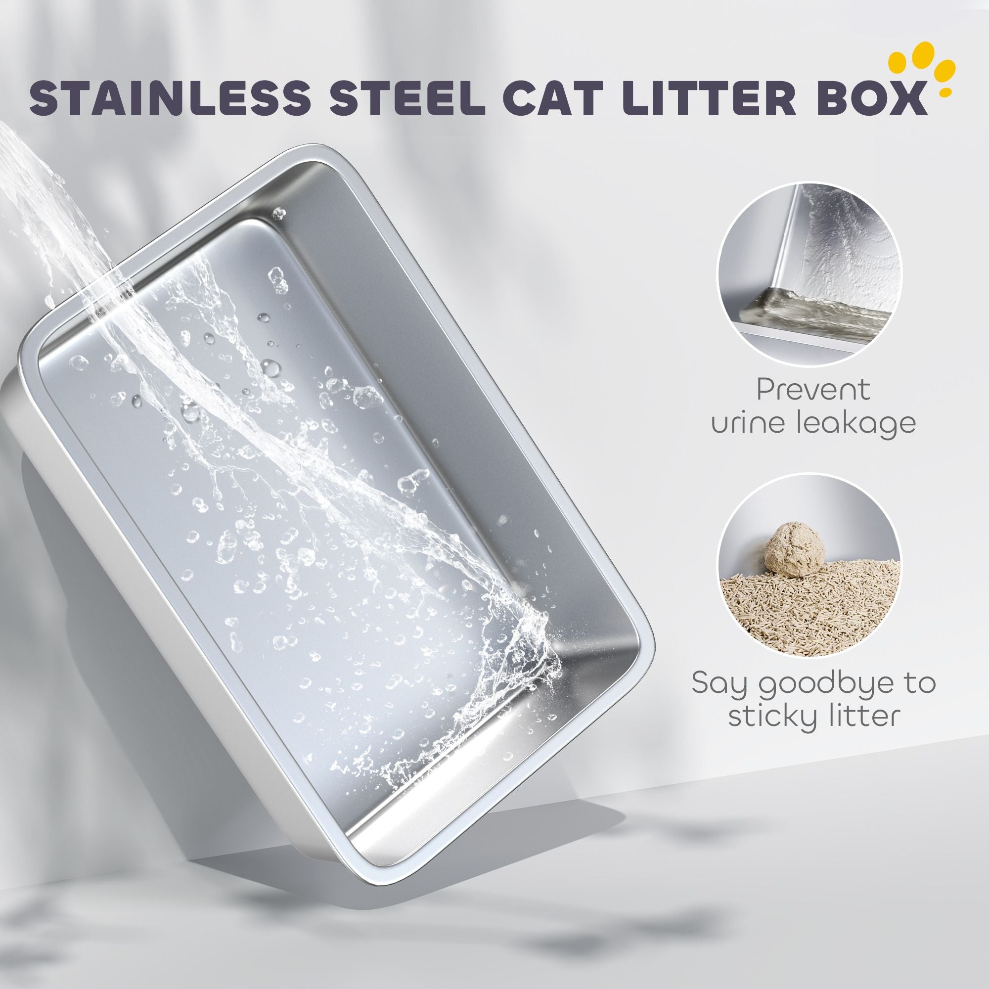 PawHut 2-in-1 Stainless Steel Cat Litter Box with Lid and Scoop, Gray - product view 4
