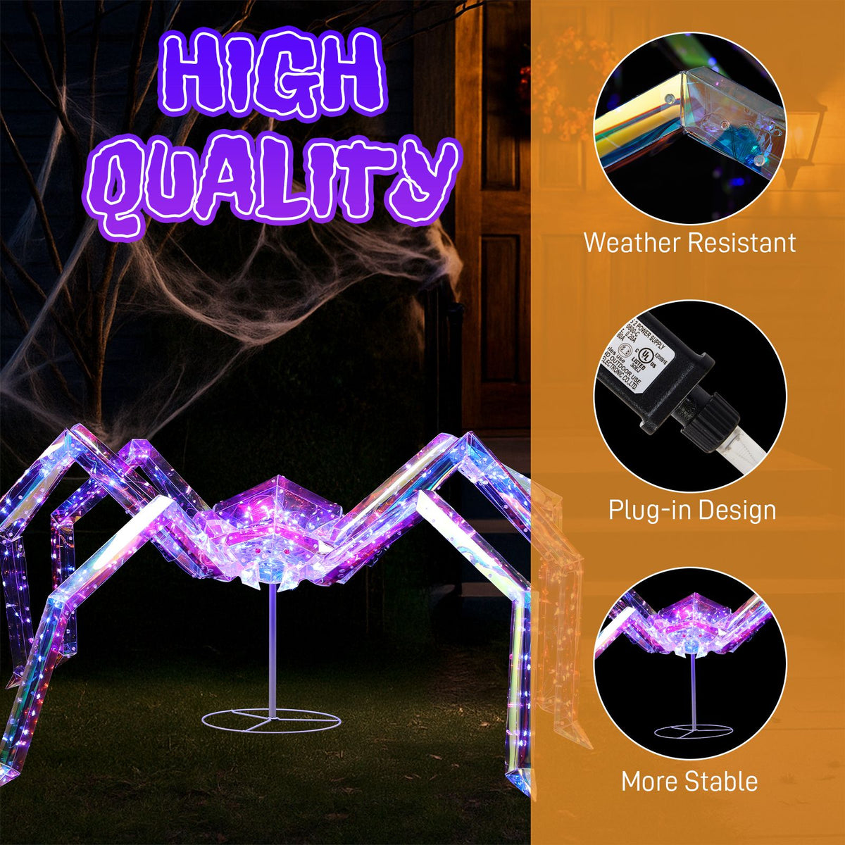 3FT Halloween Decorations Light Up Spider, Outdoor Halloween Decor Lighted Iridescent Spider, Weather Proof Pre-lit Spider with 340 LED Lights, for - product view 10