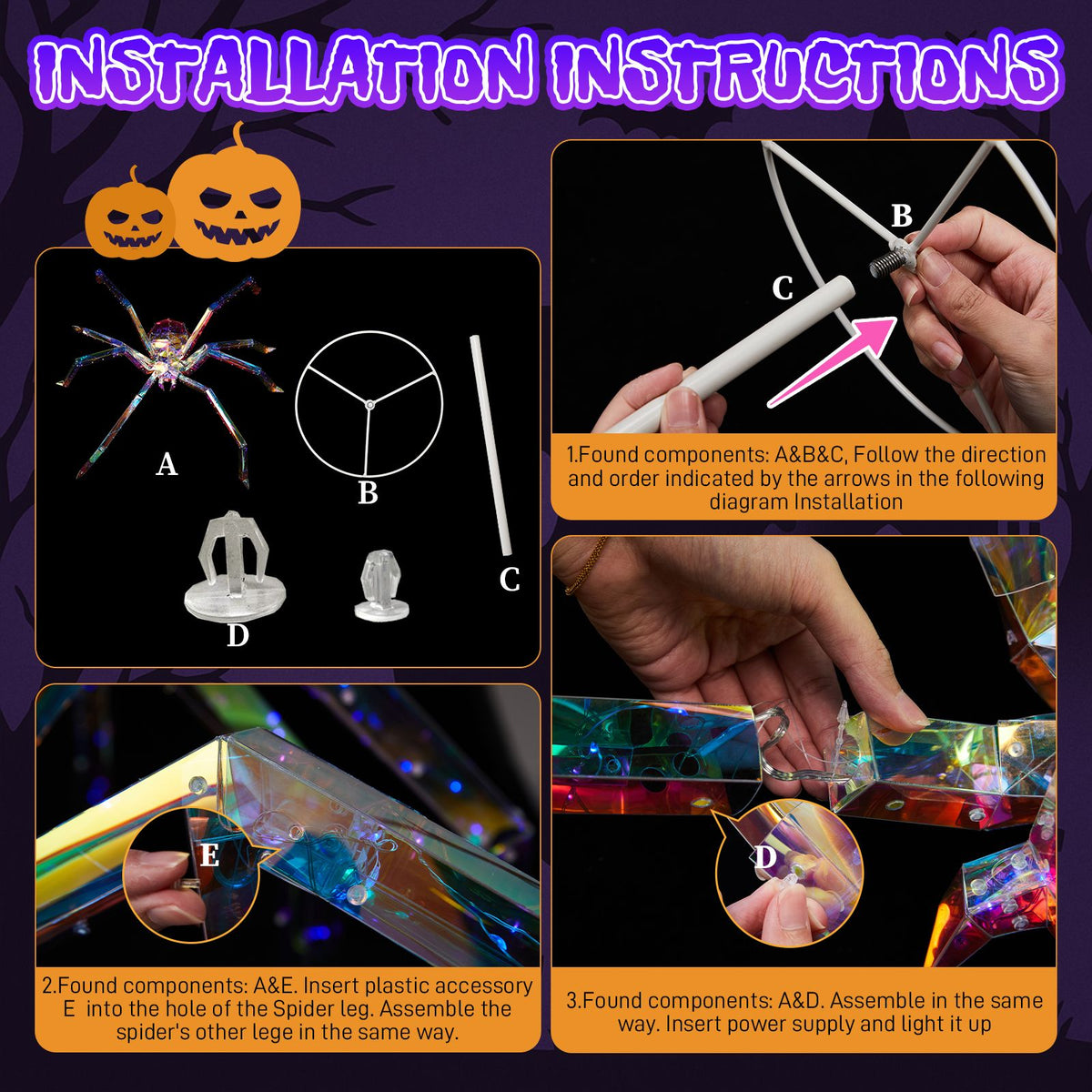 3FT Halloween Decorations Light Up Spider, Outdoor Halloween Decor Lighted Iridescent Spider, Weather Proof Pre-lit Spider with 340 LED Lights, for - product view 6