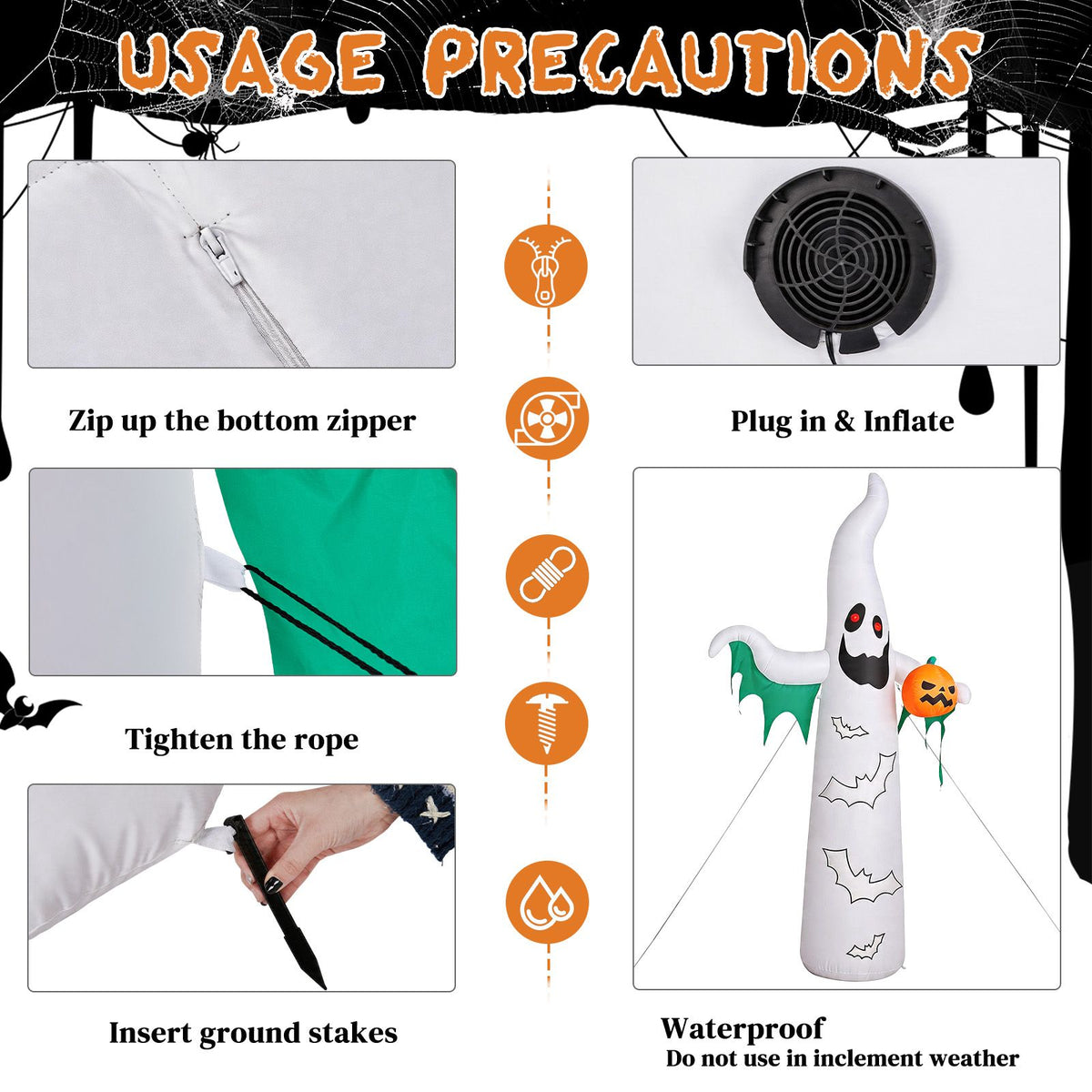 12ft Inflatable Halloween Decor with Flashing Bats & White Ghosts, 4 LED Lights + 82 String Lights, White & Green, 12V 1500mA US Power Adapter - product view 4