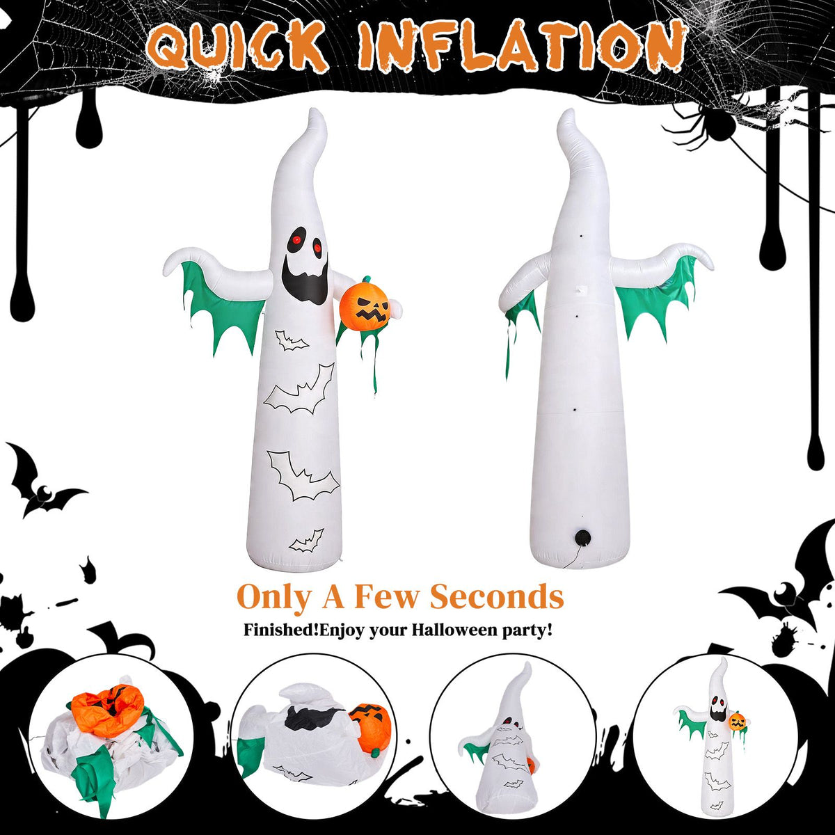 12ft Inflatable Halloween Decor with Flashing Bats & White Ghosts, 4 LED Lights + 82 String Lights, White & Green, 12V 1500mA US Power Adapter - product view 5