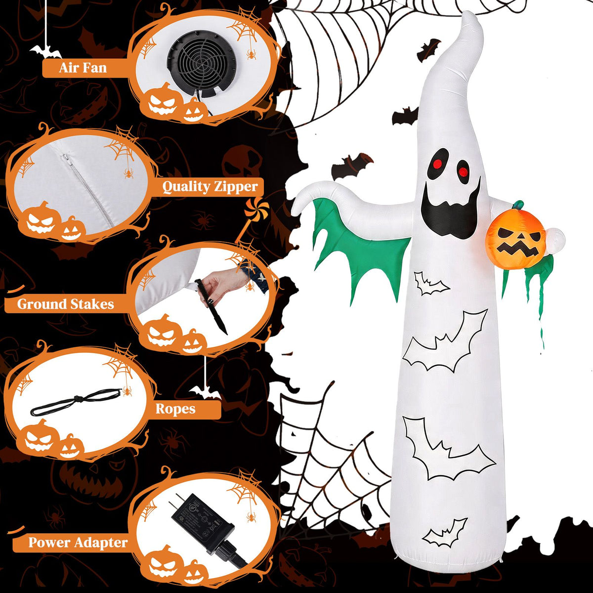 12ft Inflatable Halloween Decor with Flashing Bats & White Ghosts, 4 LED Lights + 82 String Lights, White & Green, 12V 1500mA US Power Adapter - product view 7