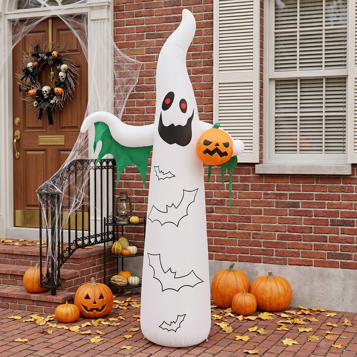 12ft Inflatable Halloween Decor with Flashing Bats & White Ghosts, 4 LED Lights + 82 String Lights, White & Green, 12V 1500mA US Power Adapter - product view 9