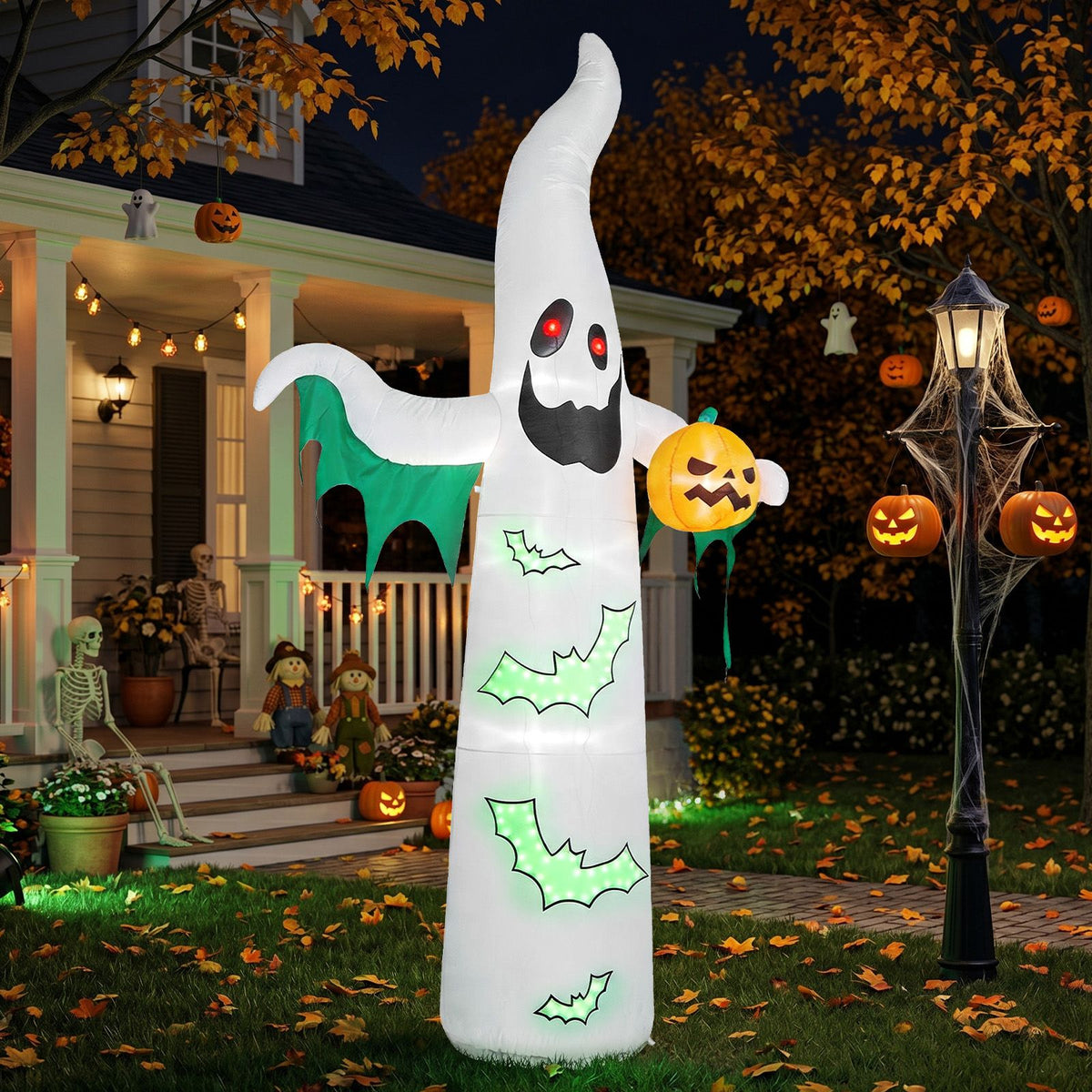 12ft Inflatable Halloween Decor with Flashing Bats & White Ghosts, 4 LED Lights + 82 String Lights, White & Green, 12V 1500mA US Power Adapter - product view 11