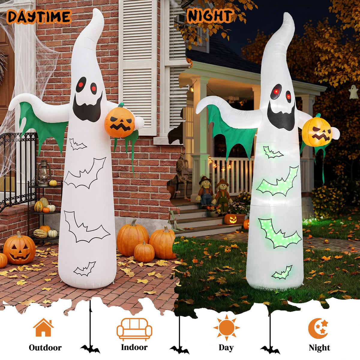 12ft Inflatable Halloween Decor with Flashing Bats & White Ghosts, 4 LED Lights + 82 String Lights, White & Green, 12V 1500mA US Power Adapter - product view 8