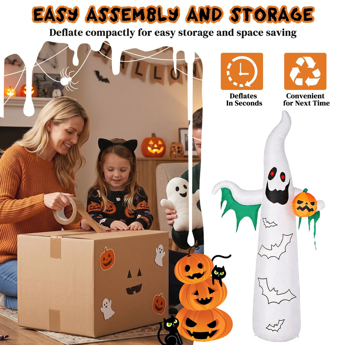 12ft Inflatable Halloween Decor with Flashing Bats & White Ghosts, 4 LED Lights + 82 String Lights, White & Green, 12V 1500mA US Power Adapter - product view 2