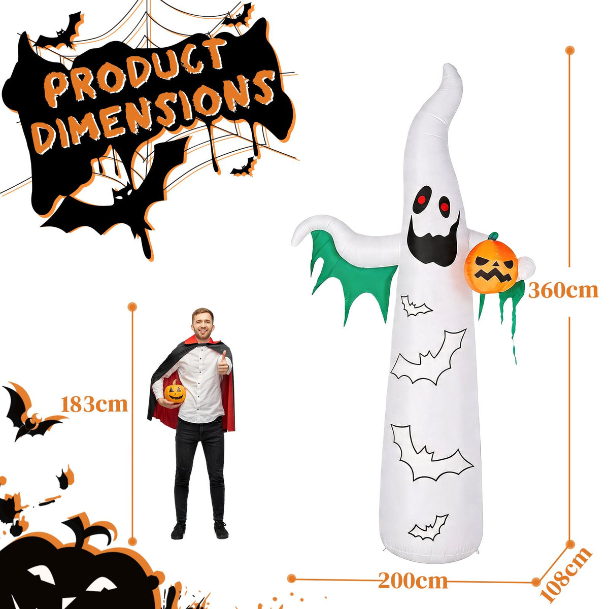 12ft Inflatable Halloween Decor with Flashing Bats & White Ghosts, 4 LED Lights + 82 String Lights, White & Green, 12V 1500mA US Power Adapter - product view 3