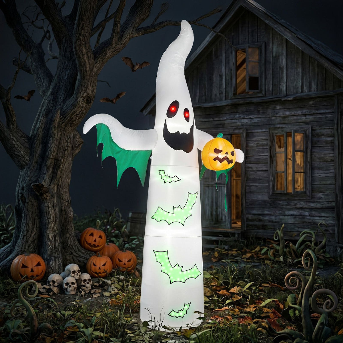 12ft Inflatable Halloween Decor with Flashing Bats & White Ghosts, 4 LED Lights + 82 String Lights, White & Green, 12V 1500mA US Power Adapter - product view 10
