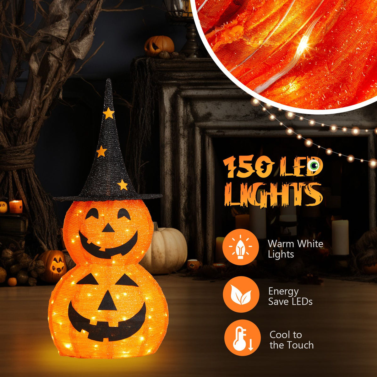 2pcs 3ft Halloween Collapsible Pumpkin Decorations 150 LED Lights - product view 6
