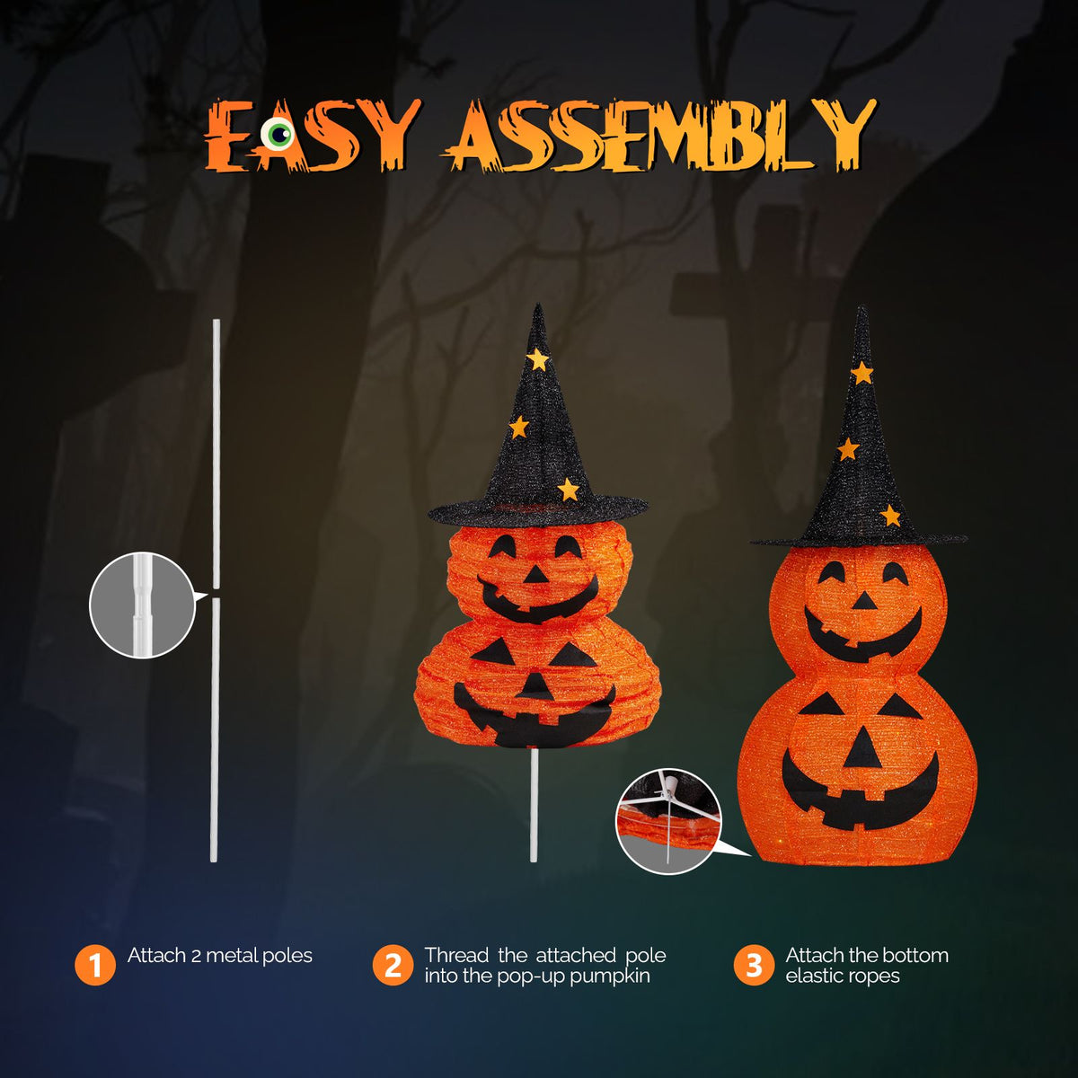 2pcs 3ft Halloween Collapsible Pumpkin Decorations 150 LED Lights - product view 2