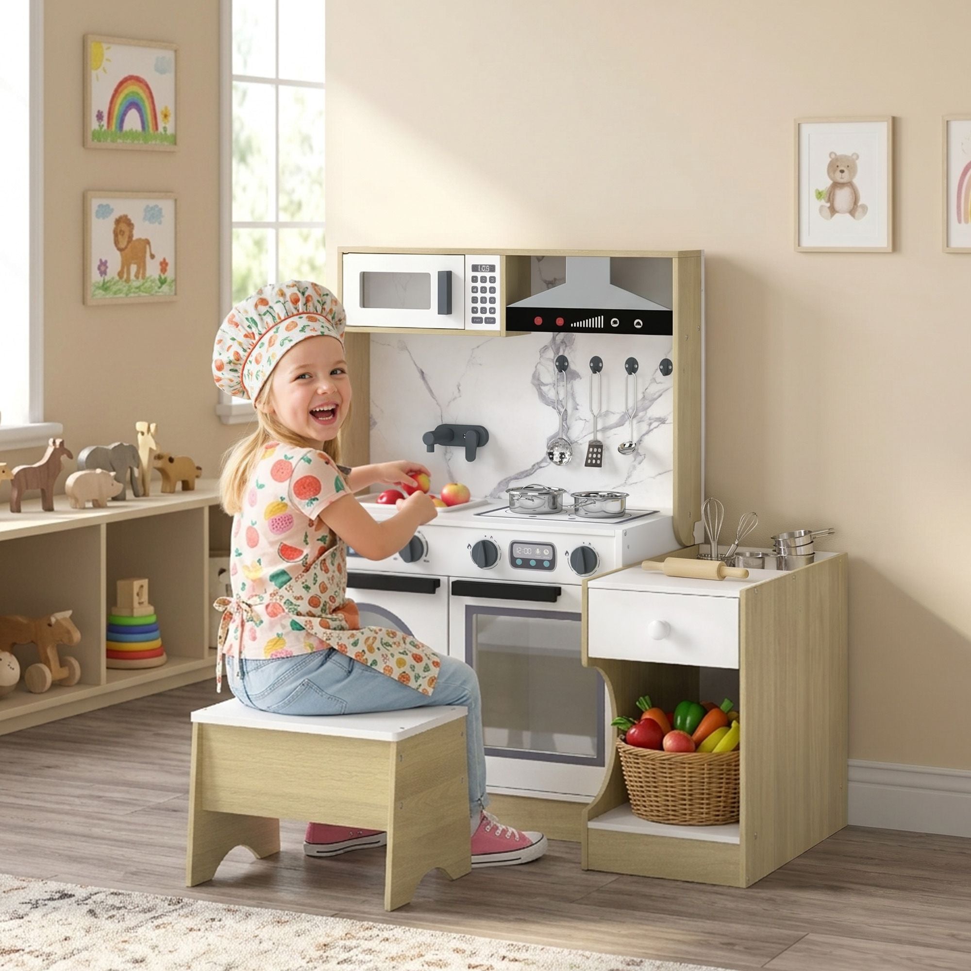 Qaba 2-in-1 Kids Play Kitchen with Convertible Table and Chair - product view 2