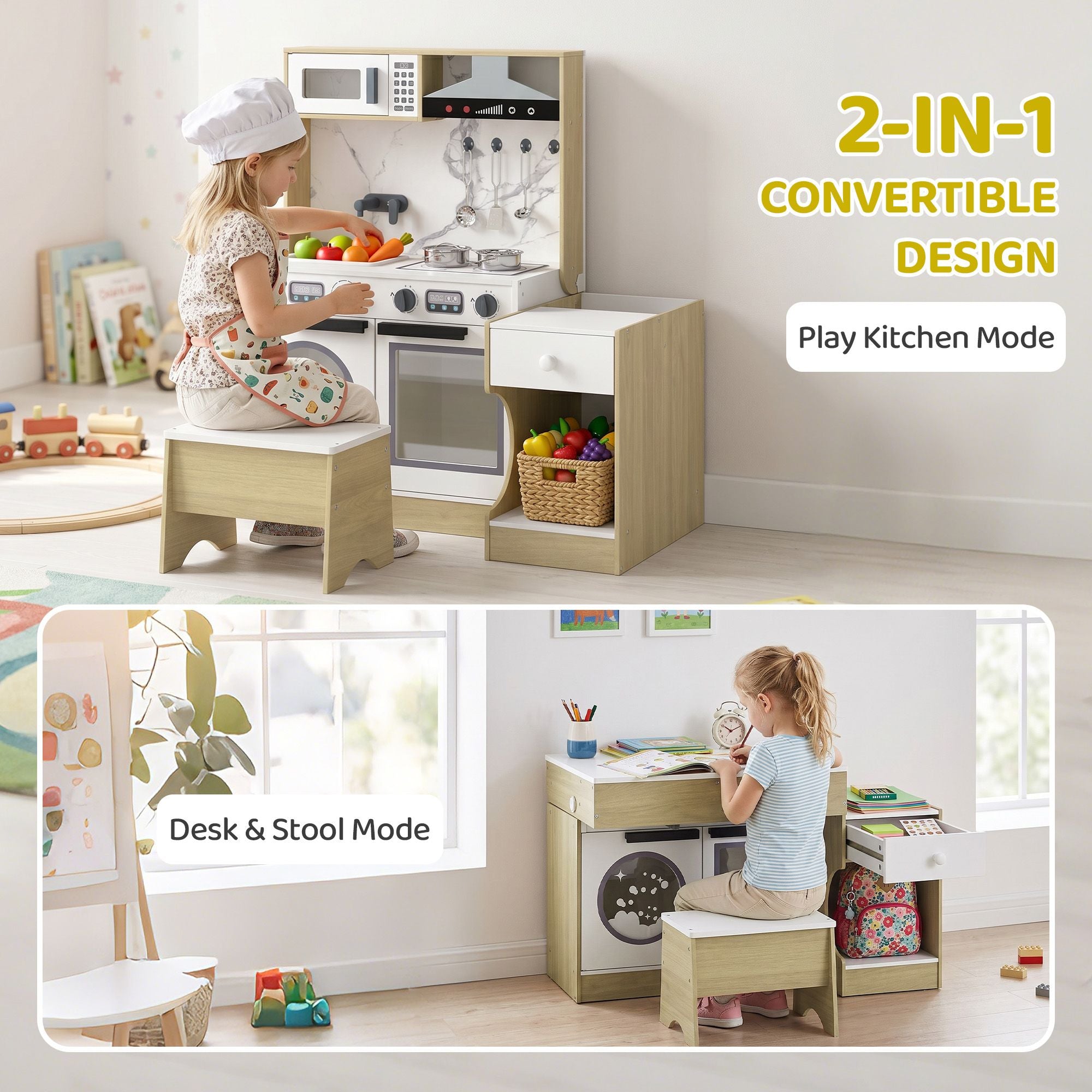 Qaba 2-in-1 Kids Play Kitchen with Convertible Table and Chair - product view 4