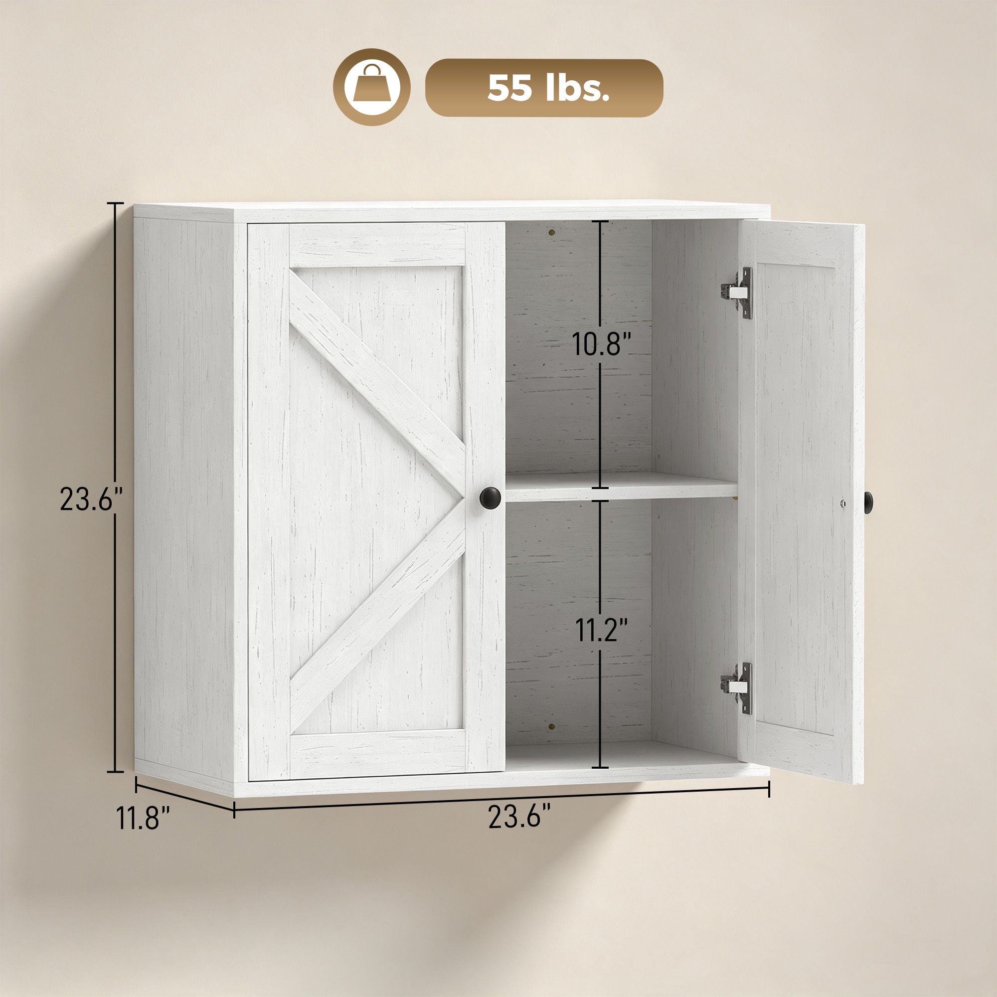 HOMCOM Farmhouse Wall-Mounted Bathroom Cabinet, White Wood Grain - product view 3