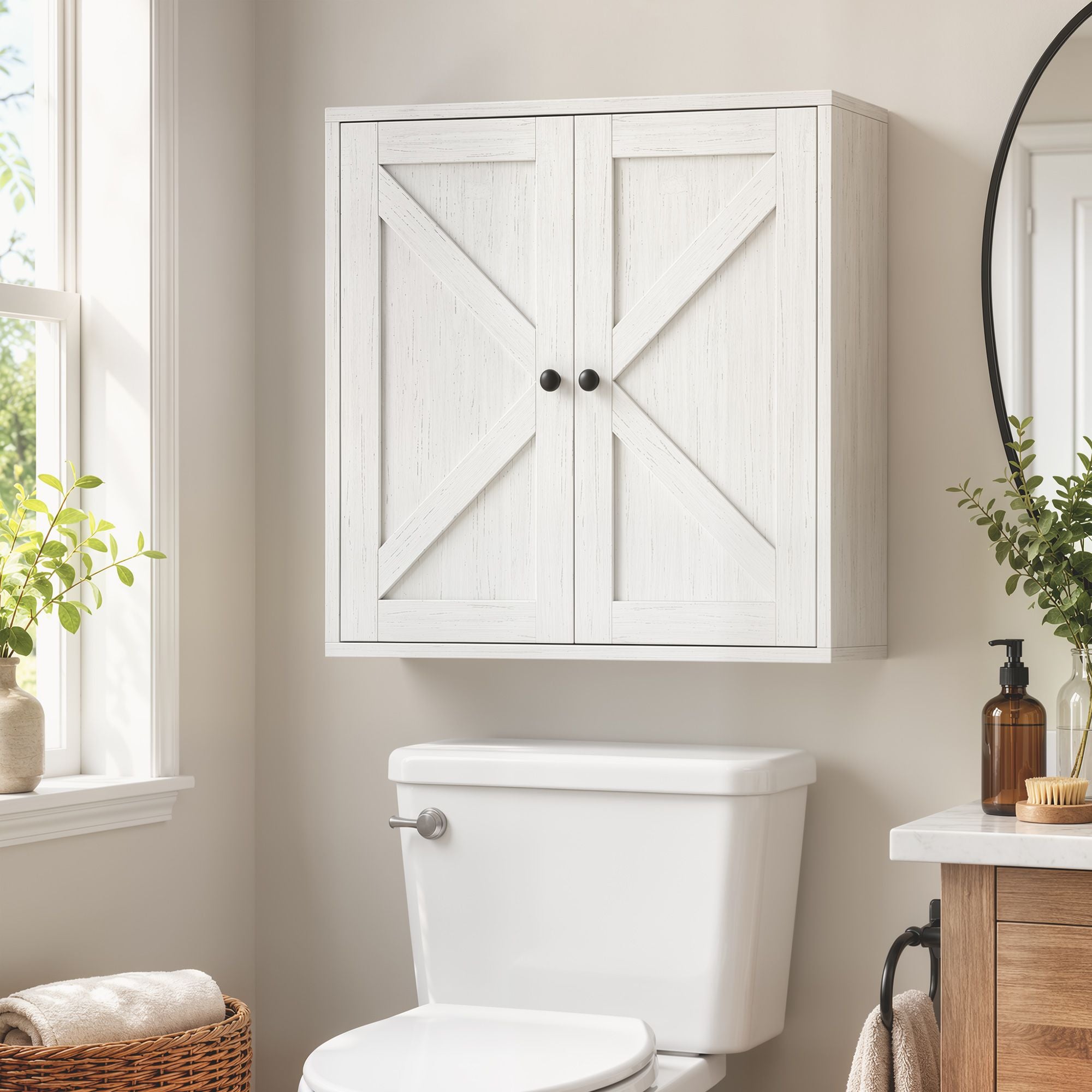 HOMCOM Farmhouse Wall-Mounted Bathroom Cabinet, White Wood Grain - product view 2