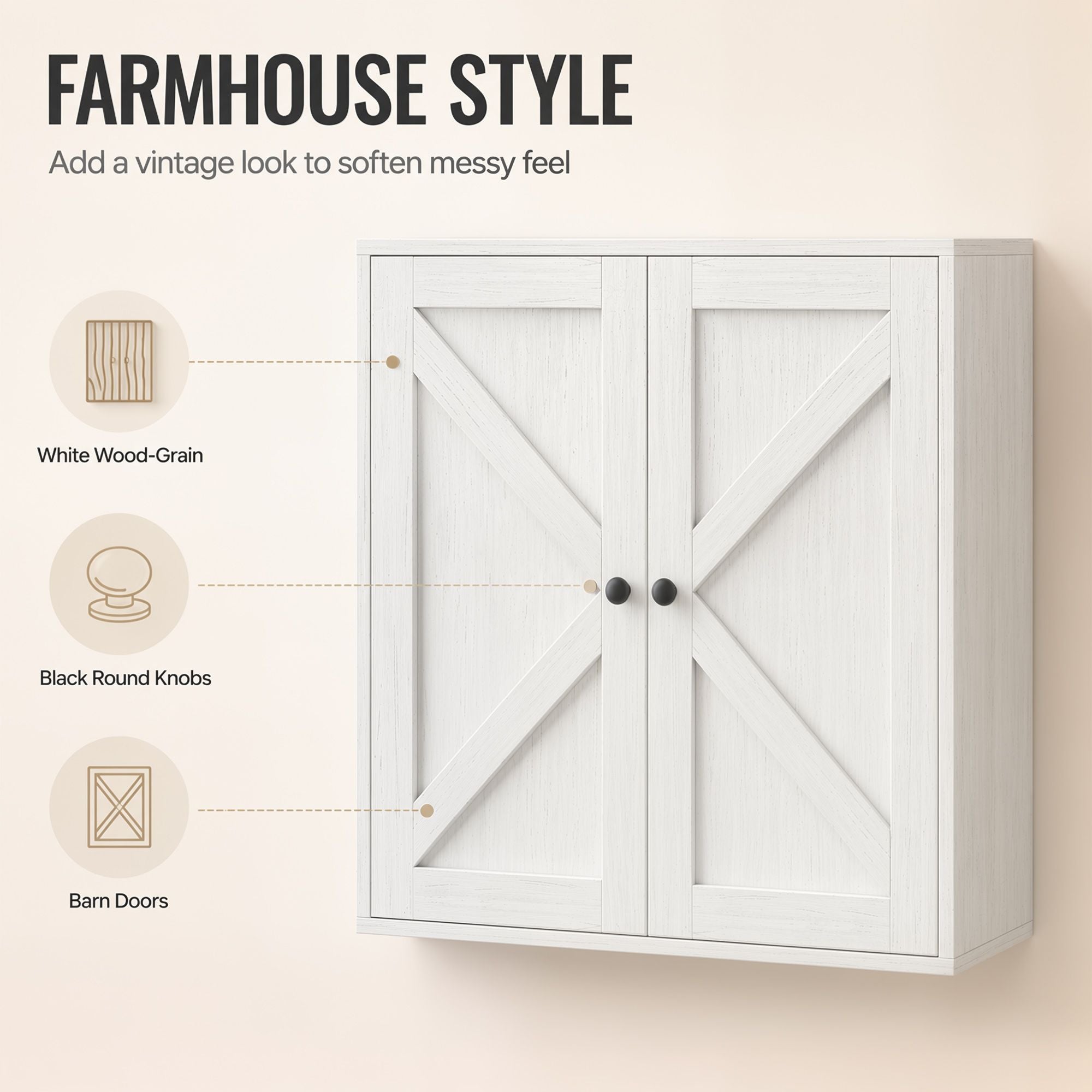 HOMCOM Farmhouse Wall-Mounted Bathroom Cabinet, White Wood Grain - product view 6