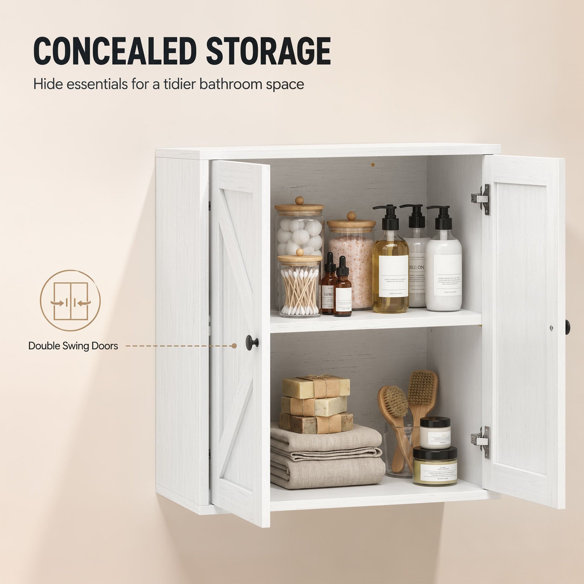 HOMCOM Farmhouse Wall-Mounted Bathroom Cabinet, White Wood Grain - product view 4